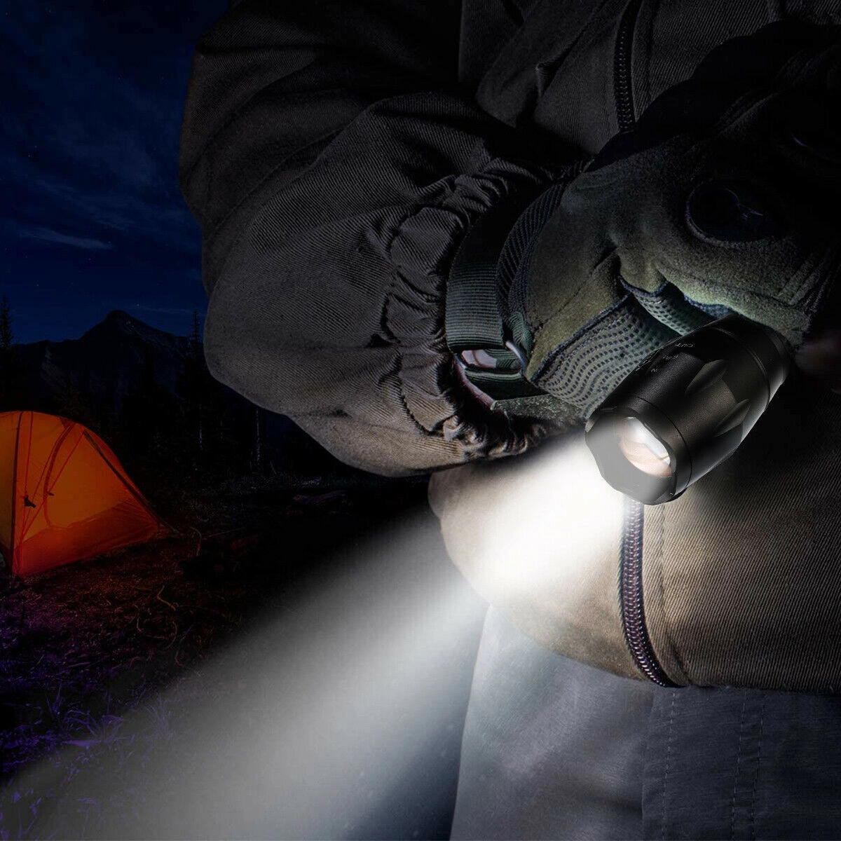 2 Pack USB Rechargeable LED Flashlight, 5-Mode Adjustable Focus Torch with Battery & USB Charger, Outdoor view 5