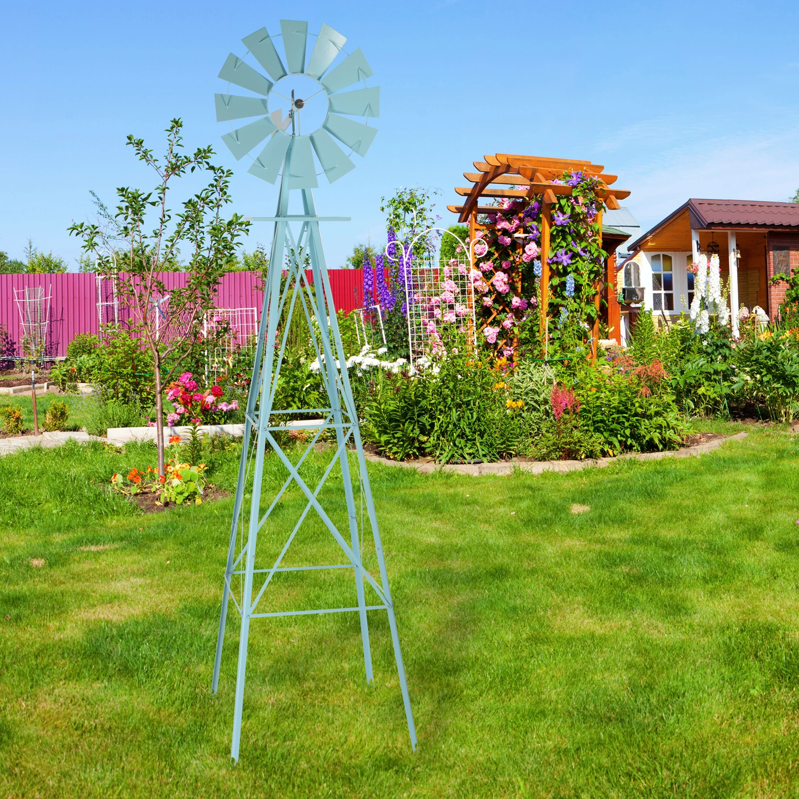 8FT Weather Resistant Yard Garden Windmill Blue view 25