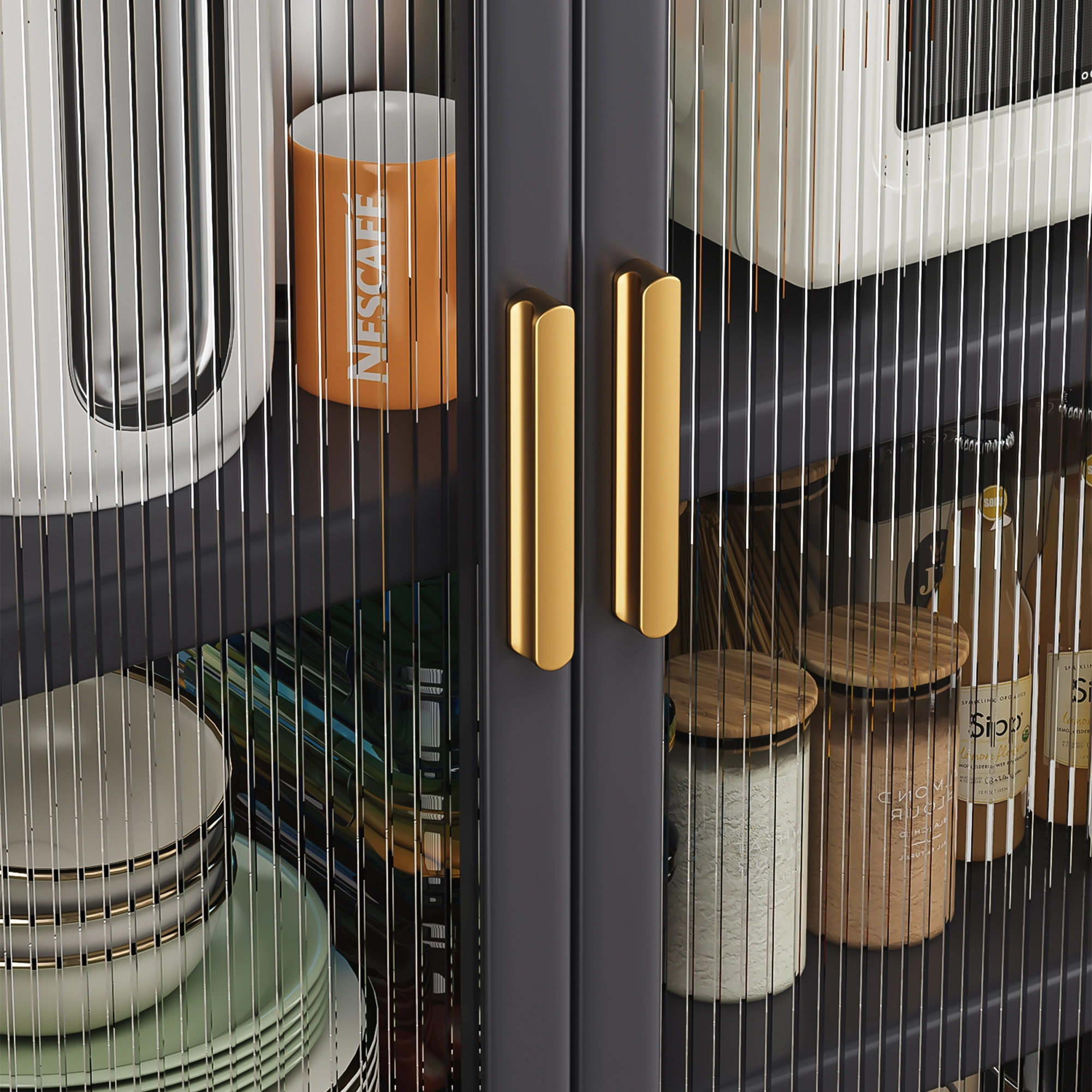 Open-door kitchen shelving Floor-to-ceiling multilevel household microwave storage cabinet bowls side cabinets cabinets Storage cabinets Grey color view 3
