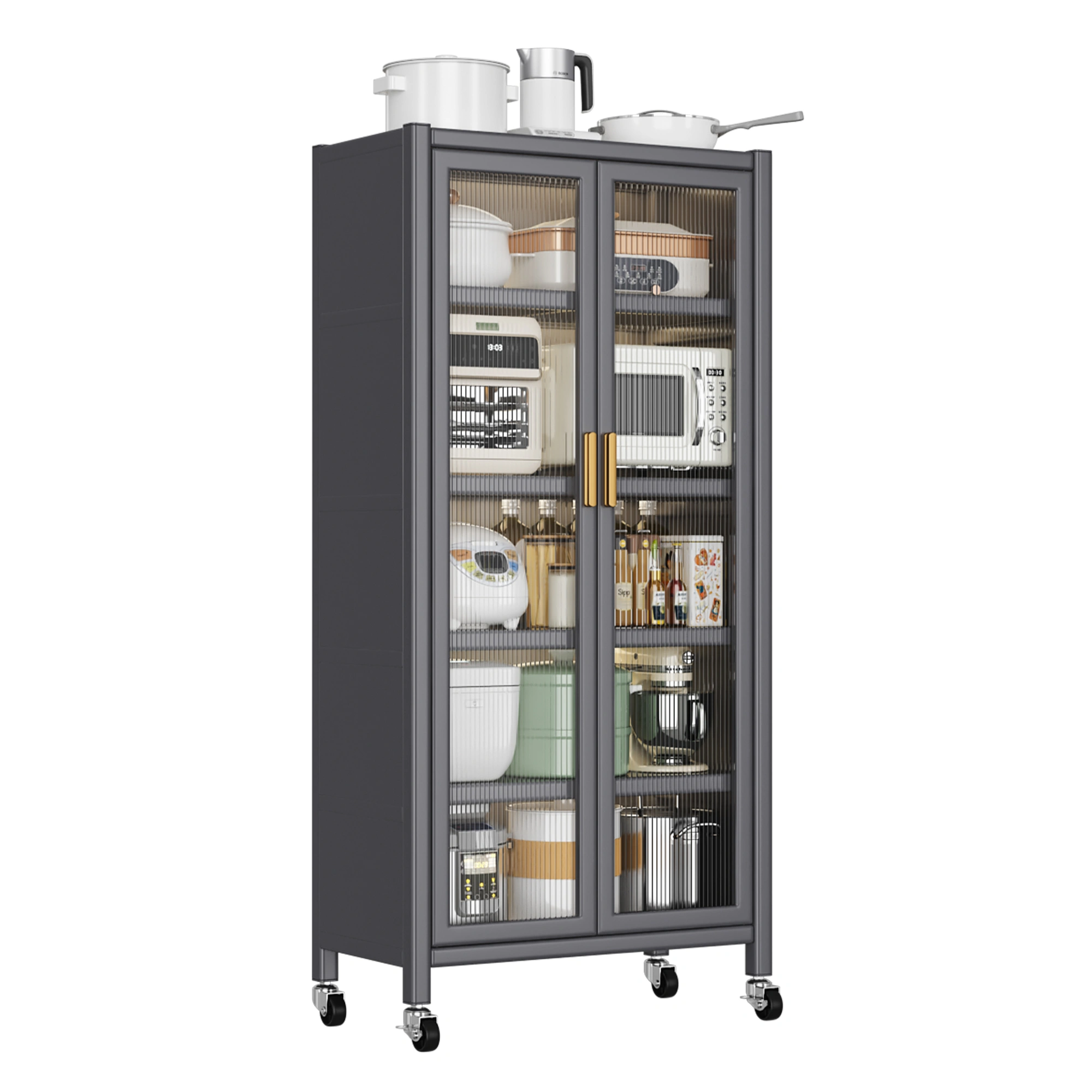 Open-door kitchen shelving Floor-to-ceiling multilevel household microwave storage cabinet bowls side cabinets cabinets Storage cabinets Grey color view 5