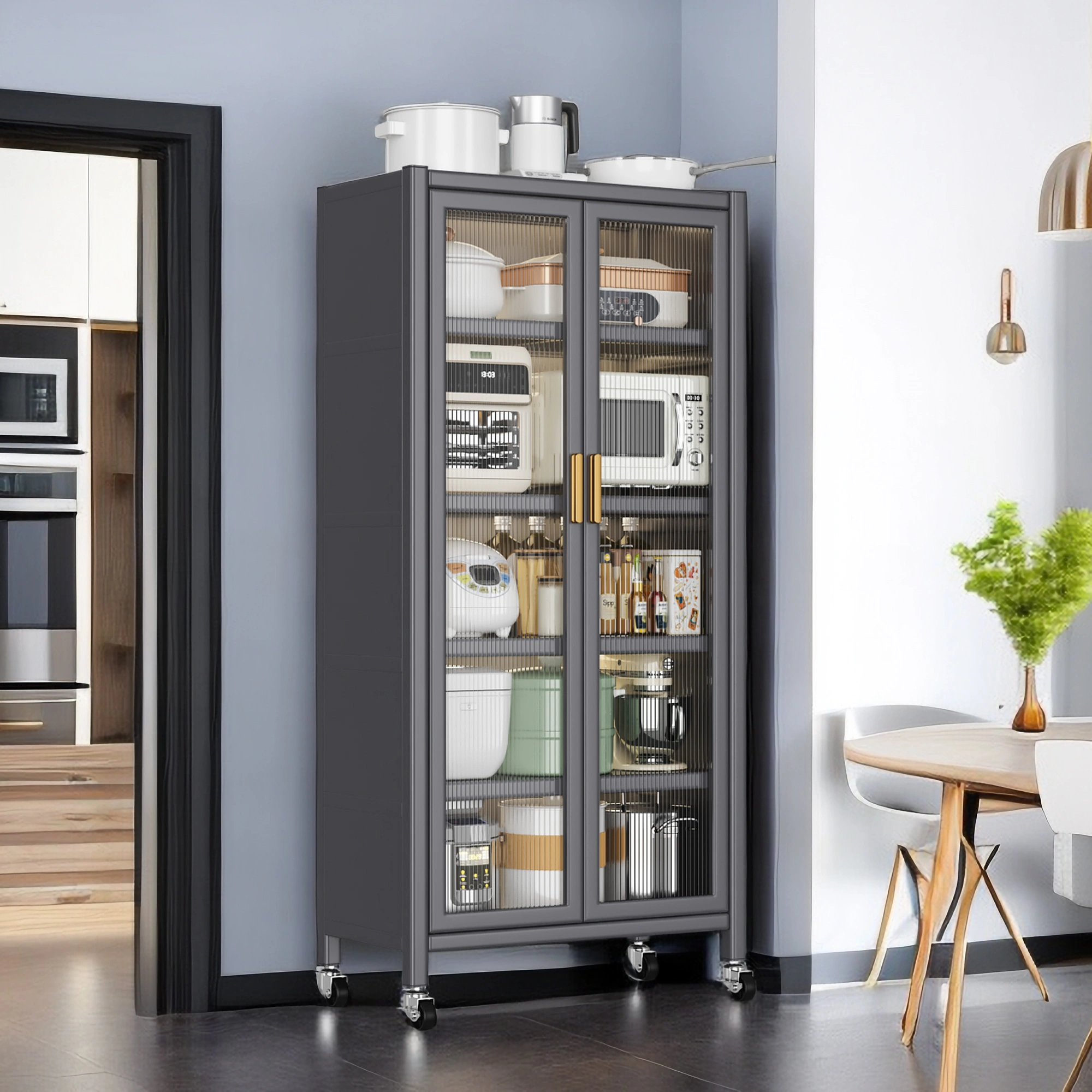 Open-door kitchen shelving Floor-to-ceiling multilevel household microwave storage cabinet bowls side cabinets cabinets Storage cabinets Grey color view 6