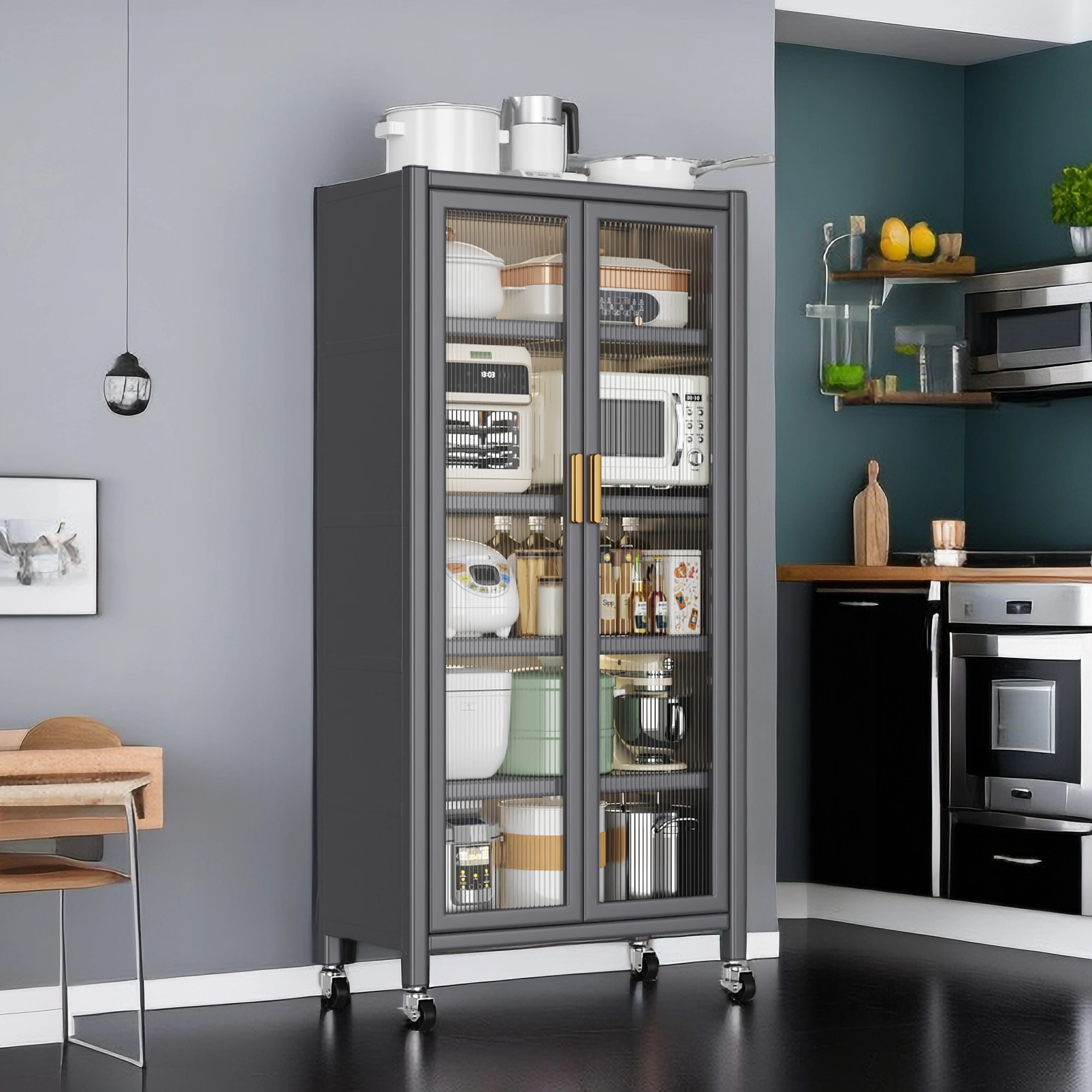Open-door kitchen shelving Floor-to-ceiling multilevel household microwave storage cabinet bowls side cabinets cabinets Storage cabinets Grey color view 7