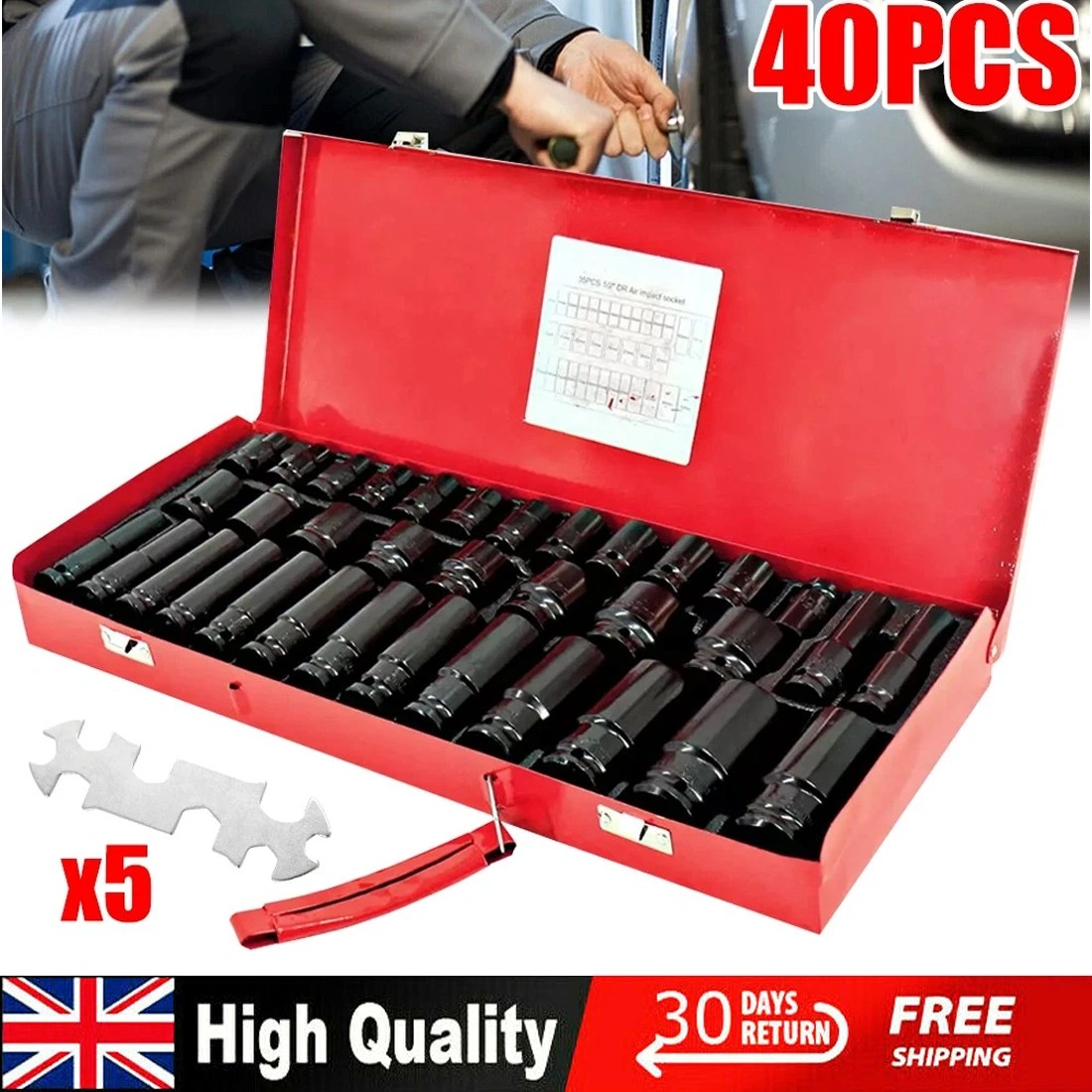 Heavy Duty 40 Piece Deep Impact Socket Set 1/2" Drive Metric 8-32mm for Car Truck view 2
