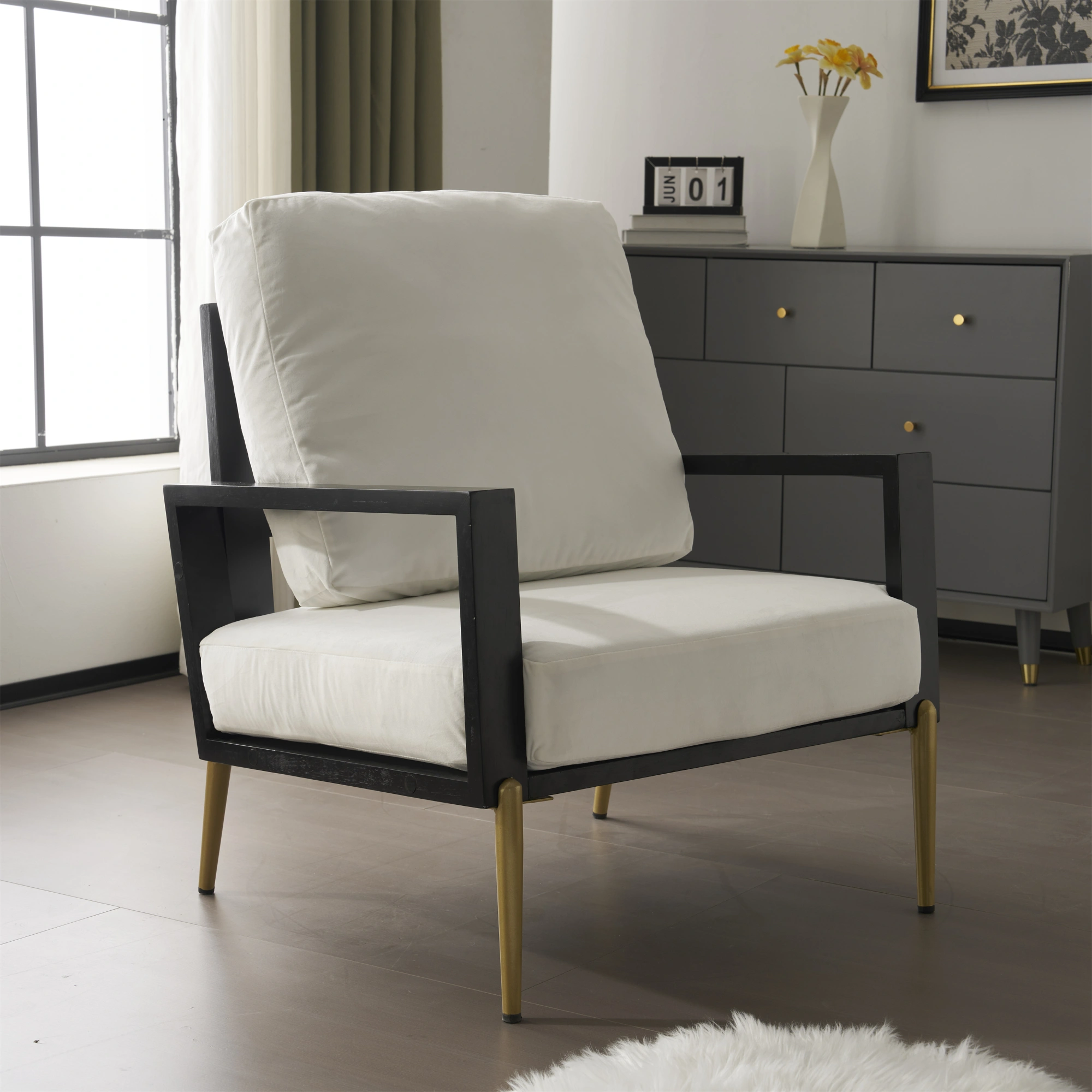 White Upholstered Armchair Modern Minimalist Low Back Accent Chair with Gold Metal Legs, Rubberwood Frame Wide Armrests Living Room Balcony