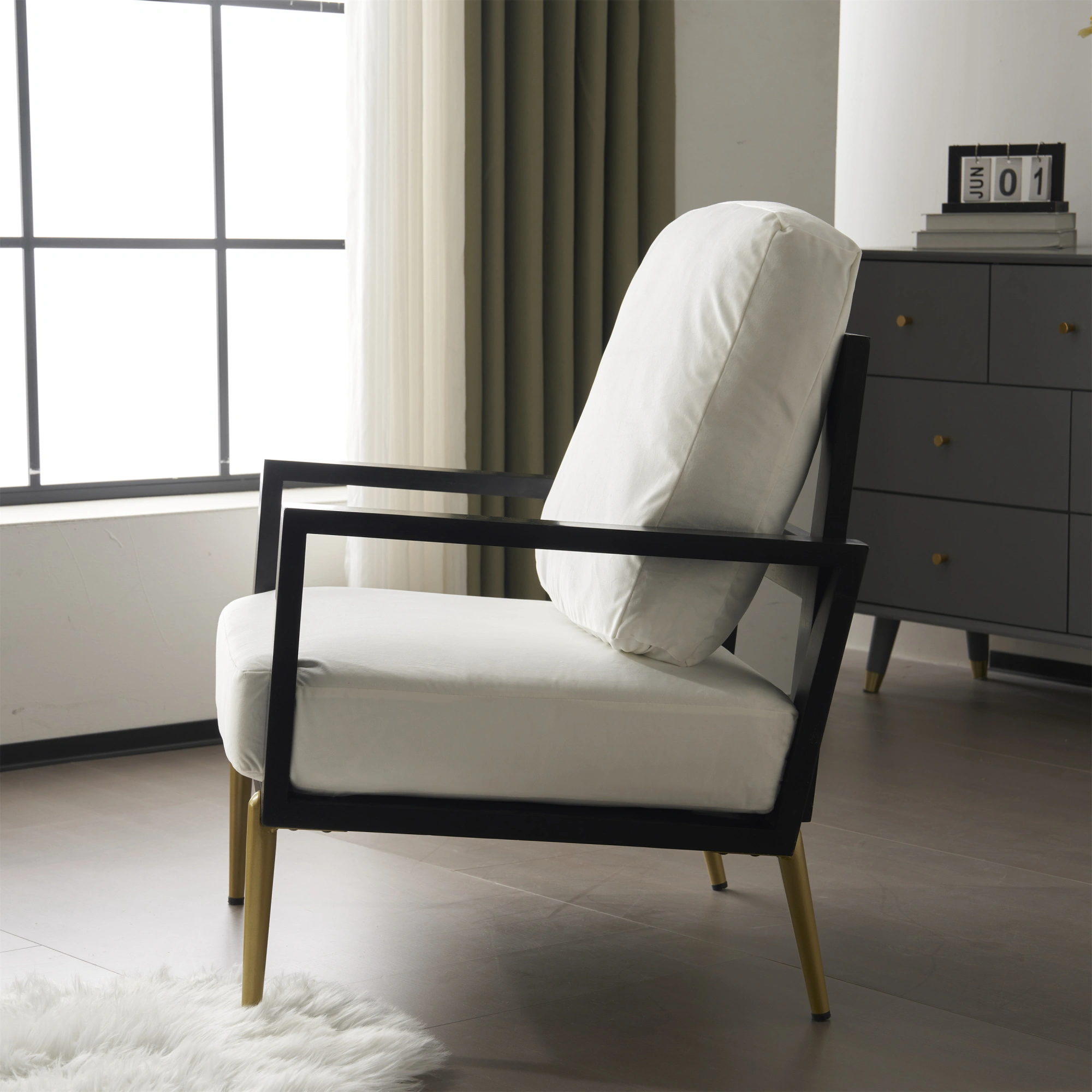 White Upholstered Armchair Modern Minimalist Low Back Accent Chair with Gold Metal Legs, Rubberwood Frame Wide Armrests Living Room Balcony view 10