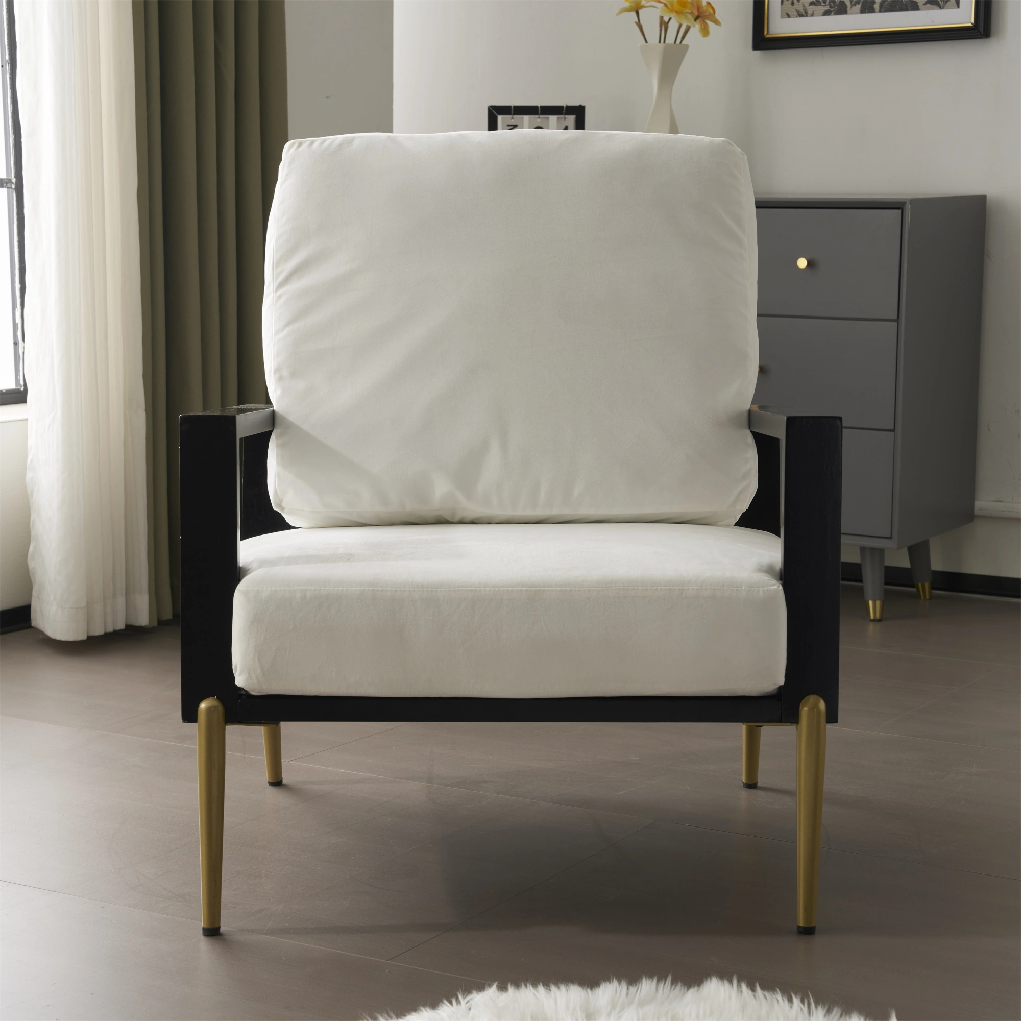 White Upholstered Armchair Modern Minimalist Low Back Accent Chair with Gold Metal Legs, Rubberwood Frame Wide Armrests Living Room Balcony view 25