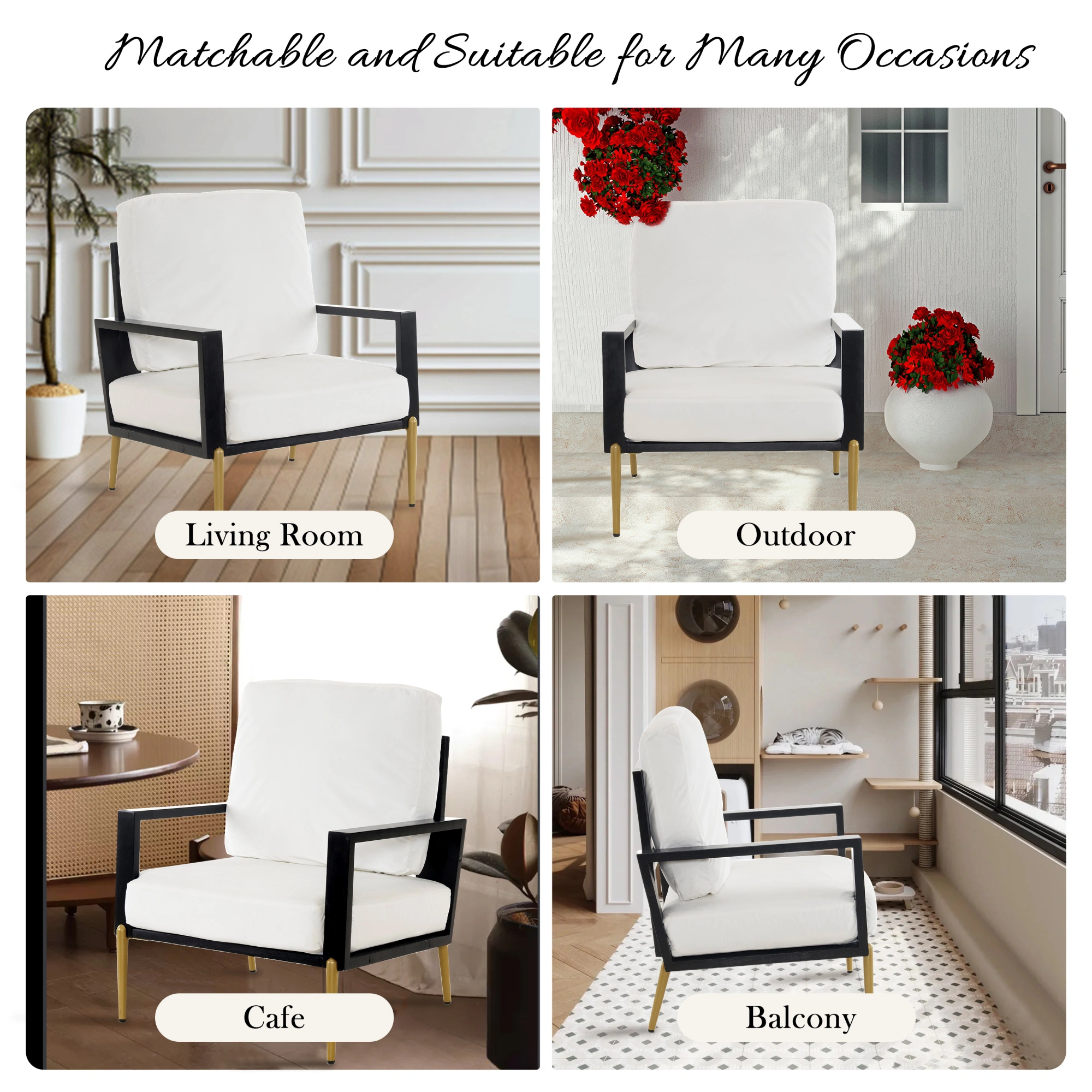 White Upholstered Armchair Modern Minimalist Low Back Accent Chair with Gold Metal Legs, Rubberwood Frame Wide Armrests Living Room Balcony view 3