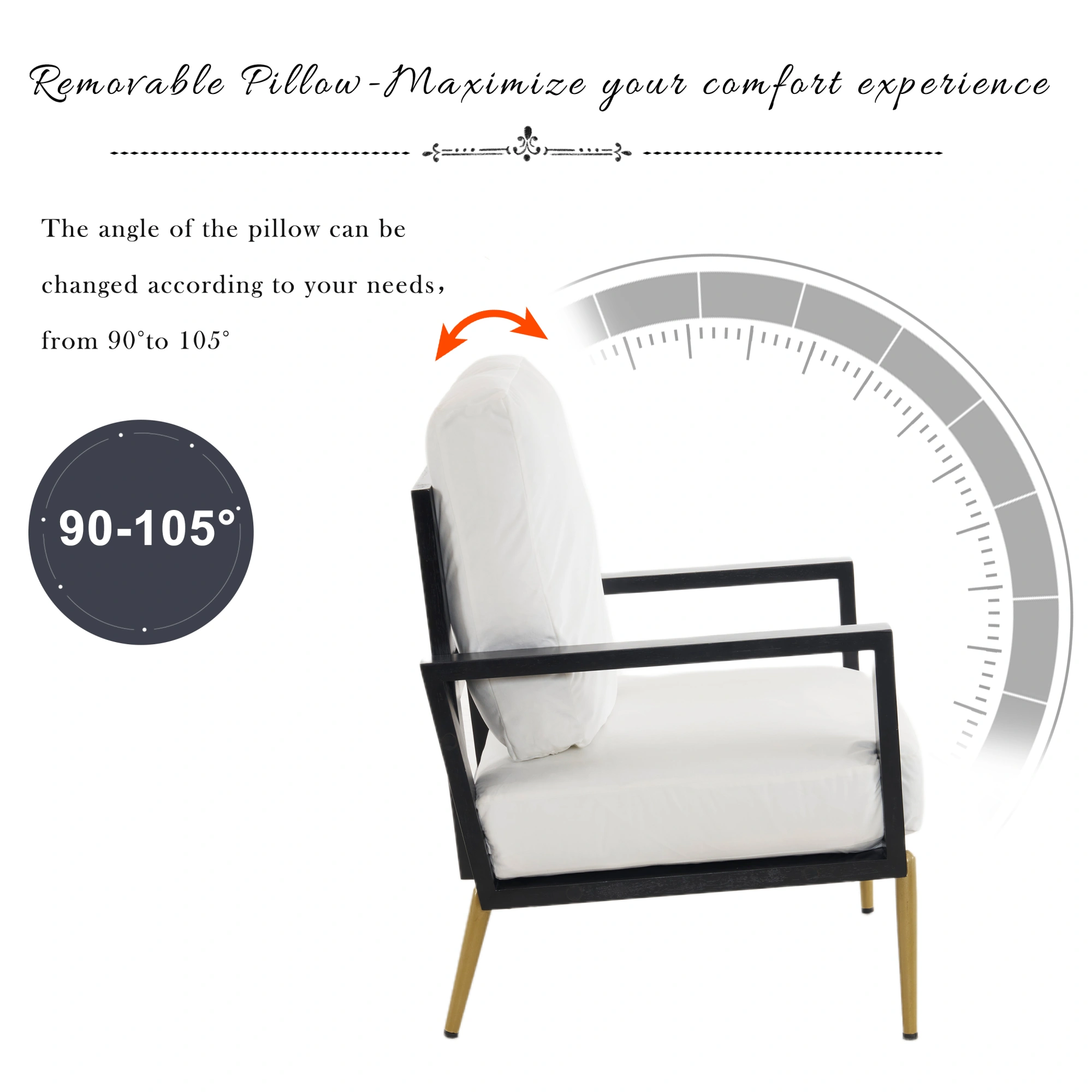 White Upholstered Armchair Modern Minimalist Low Back Accent Chair with Gold Metal Legs, Rubberwood Frame Wide Armrests Living Room Balcony view 4