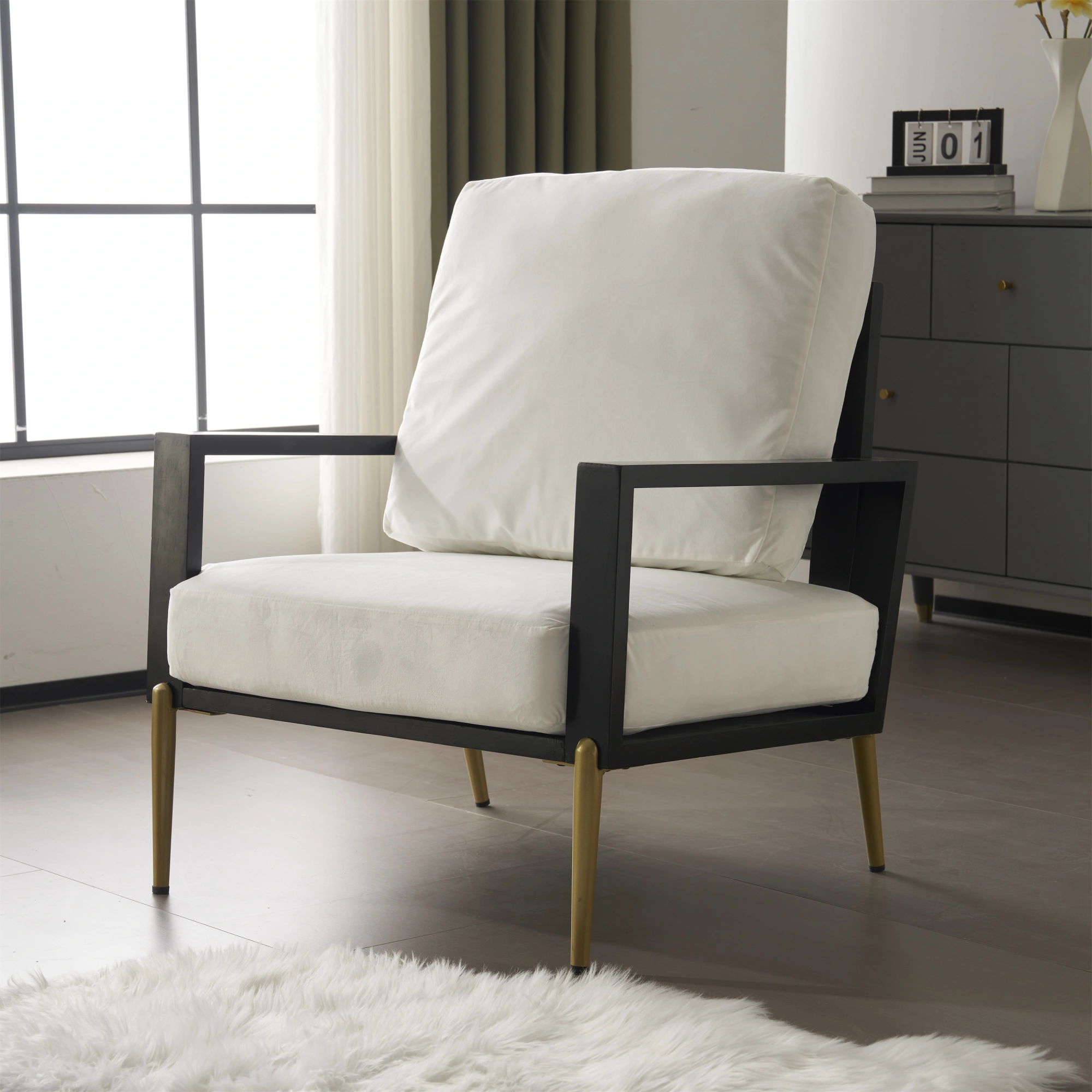 White Upholstered Armchair Modern Minimalist Low Back Accent Chair with Gold Metal Legs, Rubberwood Frame Wide Armrests Living Room Balcony view 8