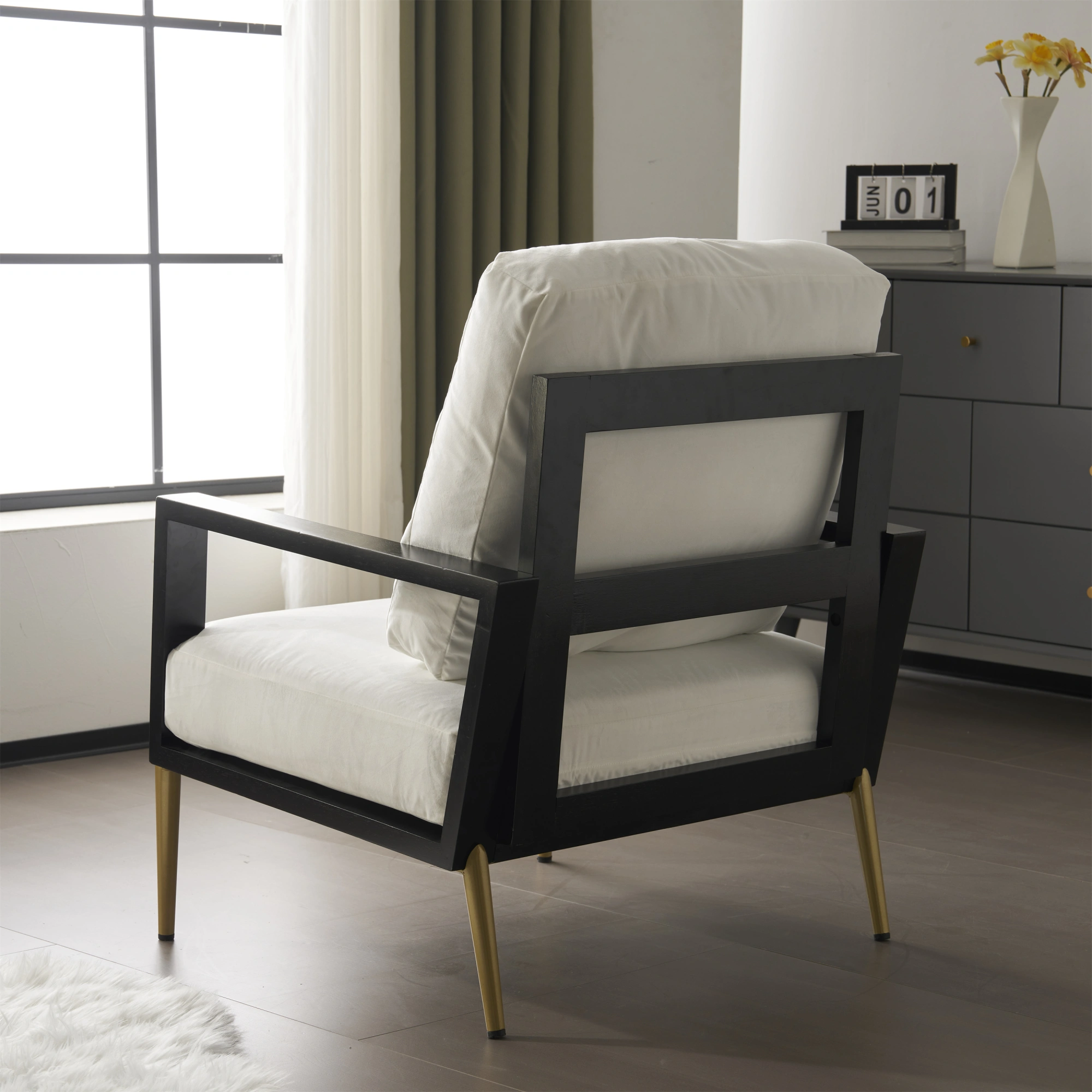 White Upholstered Armchair Modern Minimalist Low Back Accent Chair with Gold Metal Legs, Rubberwood Frame Wide Armrests Living Room Balcony view 9