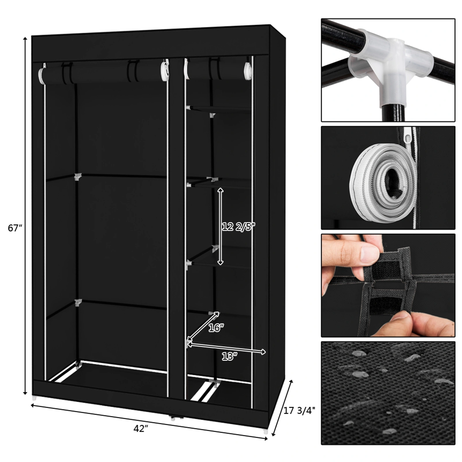 67" Portable Clothes Closet Wardrobe with Non-woven Fabric and Hanging Rod Quick and Easy to Assemble Black view 11