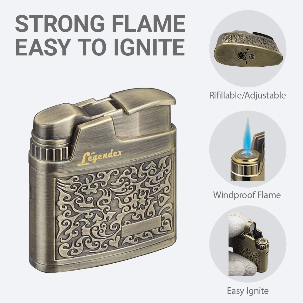 LEGENDEX CLIMBER Windproof Lighter, Antique Brass, Arabesque Pattern, Vintage Style, Refillable Adjustable Flame for Cigar, Cigarette, Kitchen, Outdoor view 5