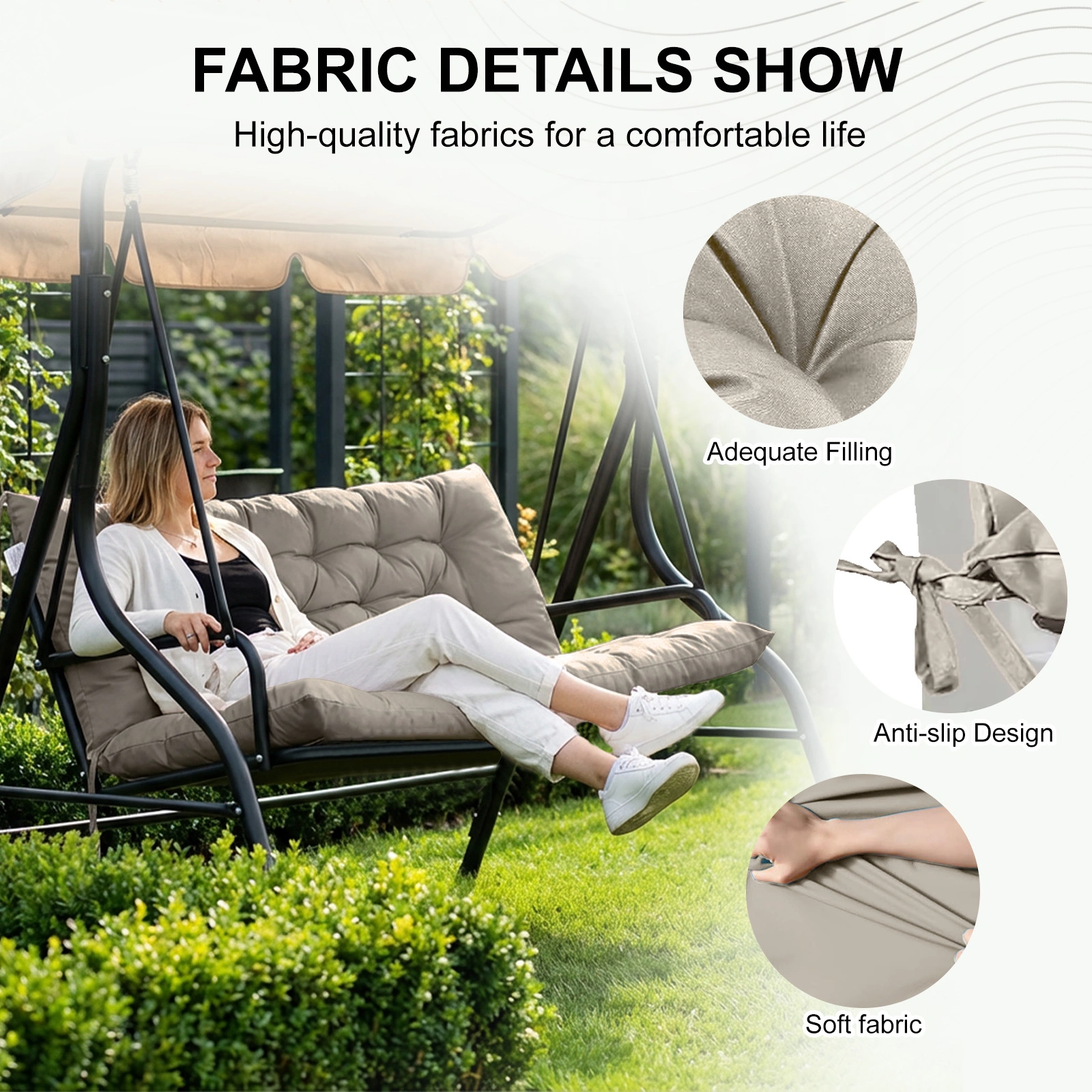 Outdoor Swing Cushions 70 Inch, Waterproof 4" Thick Porch Swing Cushion Replacement with Backrest and Ties, Comfortable 2-3 Seat Pation Swing Pad for Backyard, Garden, Lawn, Outdoor Furniture (khaki) view 5