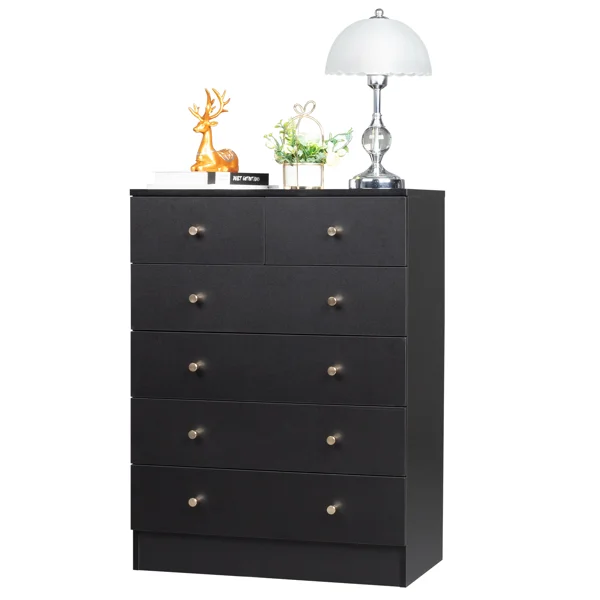 5-Tier 6-Drawer Dresser with Matte Gold Handles Particleboard + Textured Melamine Storage Cabinet 25.98*12.99*35.04in Black view 3