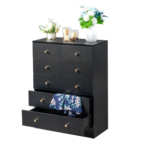 5-Tier 6-Drawer Dresser with Matte Gold Handles Particleboard + Textured Melamine Storage Cabinet 25.98*12.99*35.04in Black view 5