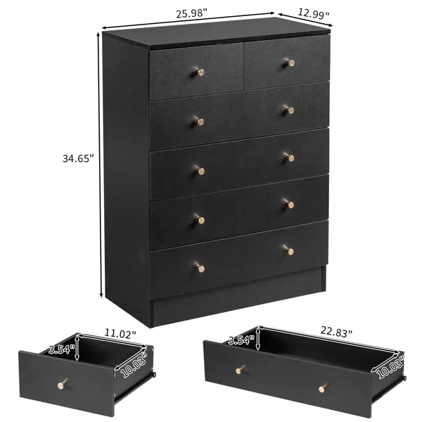5-Tier 6-Drawer Dresser with Matte Gold Handles Particleboard + Textured Melamine Storage Cabinet 25.98*12.99*35.04in Black view 6