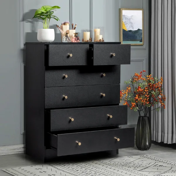 5-Tier 6-Drawer Dresser with Matte Gold Handles Particleboard + Textured Melamine Storage Cabinet 25.98*12.99*35.04in Black
