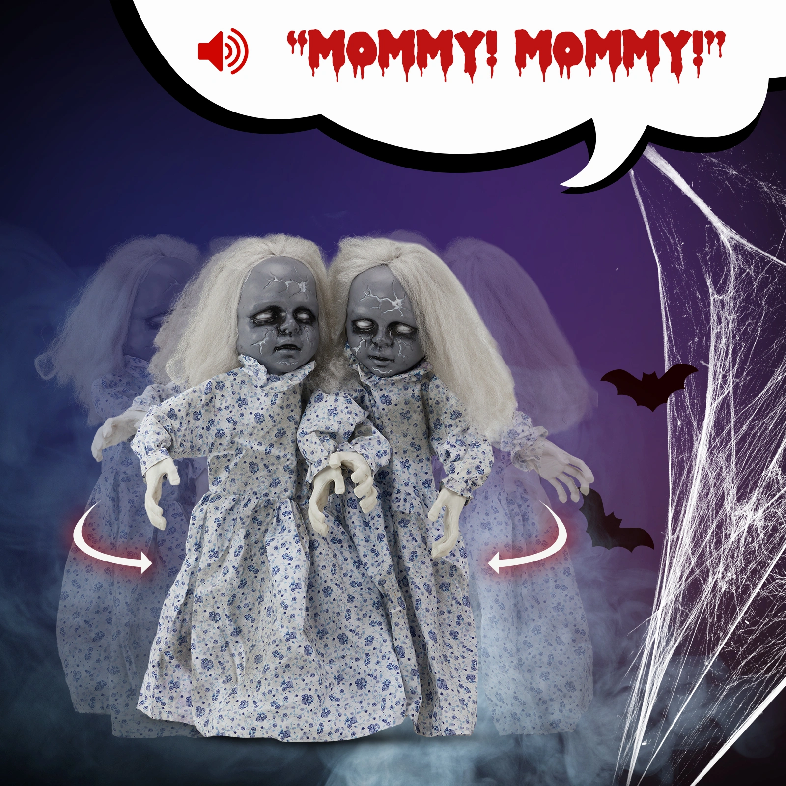 2.8ft Twin Girls Halloween Standing Decoration, Outdoor Indoor Yard Haunted House Props Spooky Lawn Figure for Party Home Garden view 3