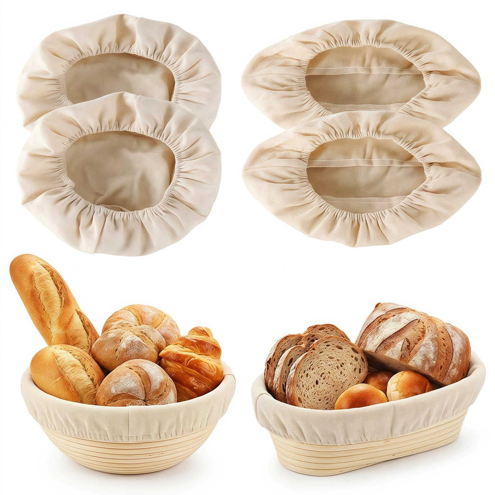4-Pack Banneton Liners, Round & Oval Bread Proofing Basket Inserts with Elastic Band, Linen Dough Rises Cloth