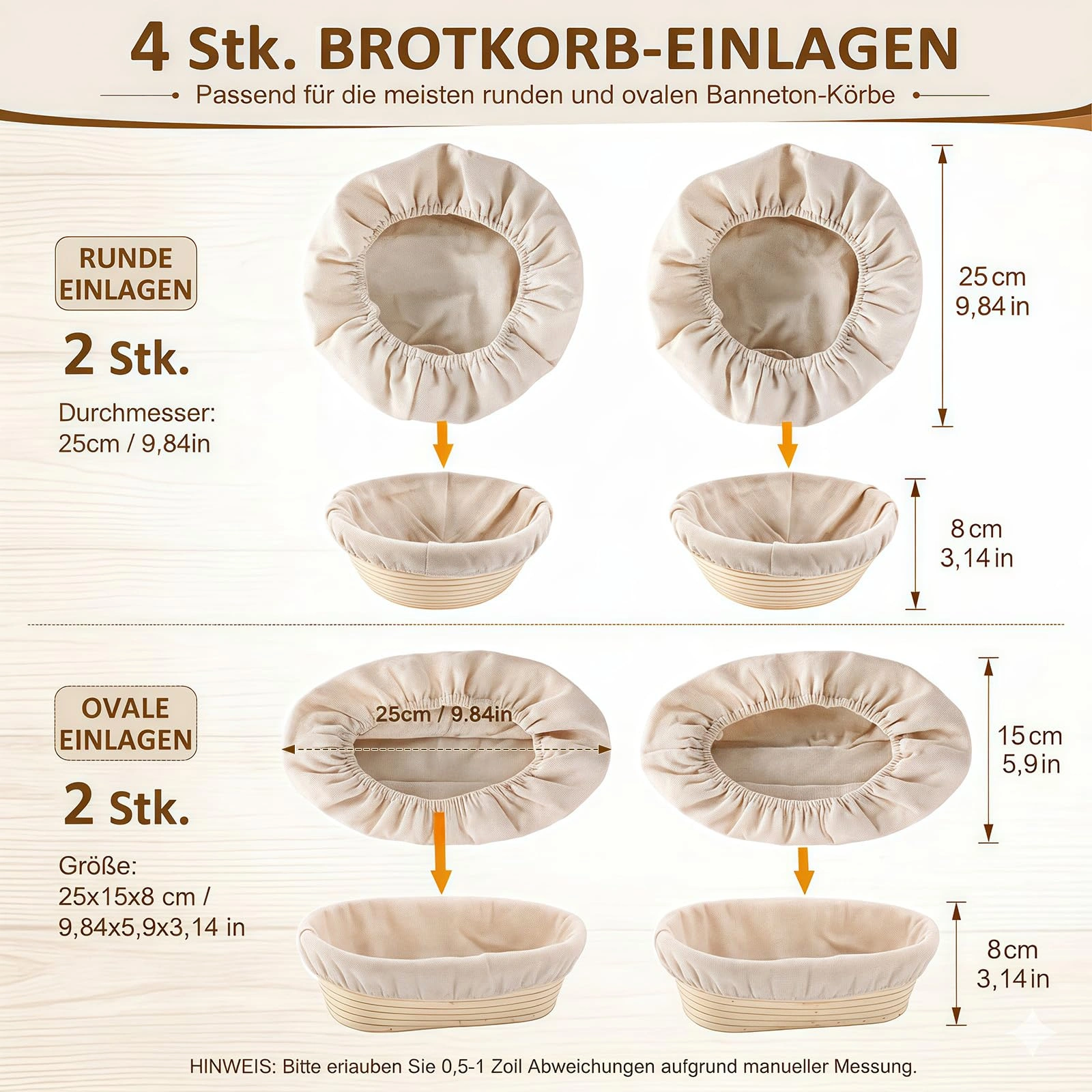 4-Pack Banneton Liners, Round & Oval Bread Proofing Basket Inserts with Elastic Band, Linen Dough Rises Cloth view 2