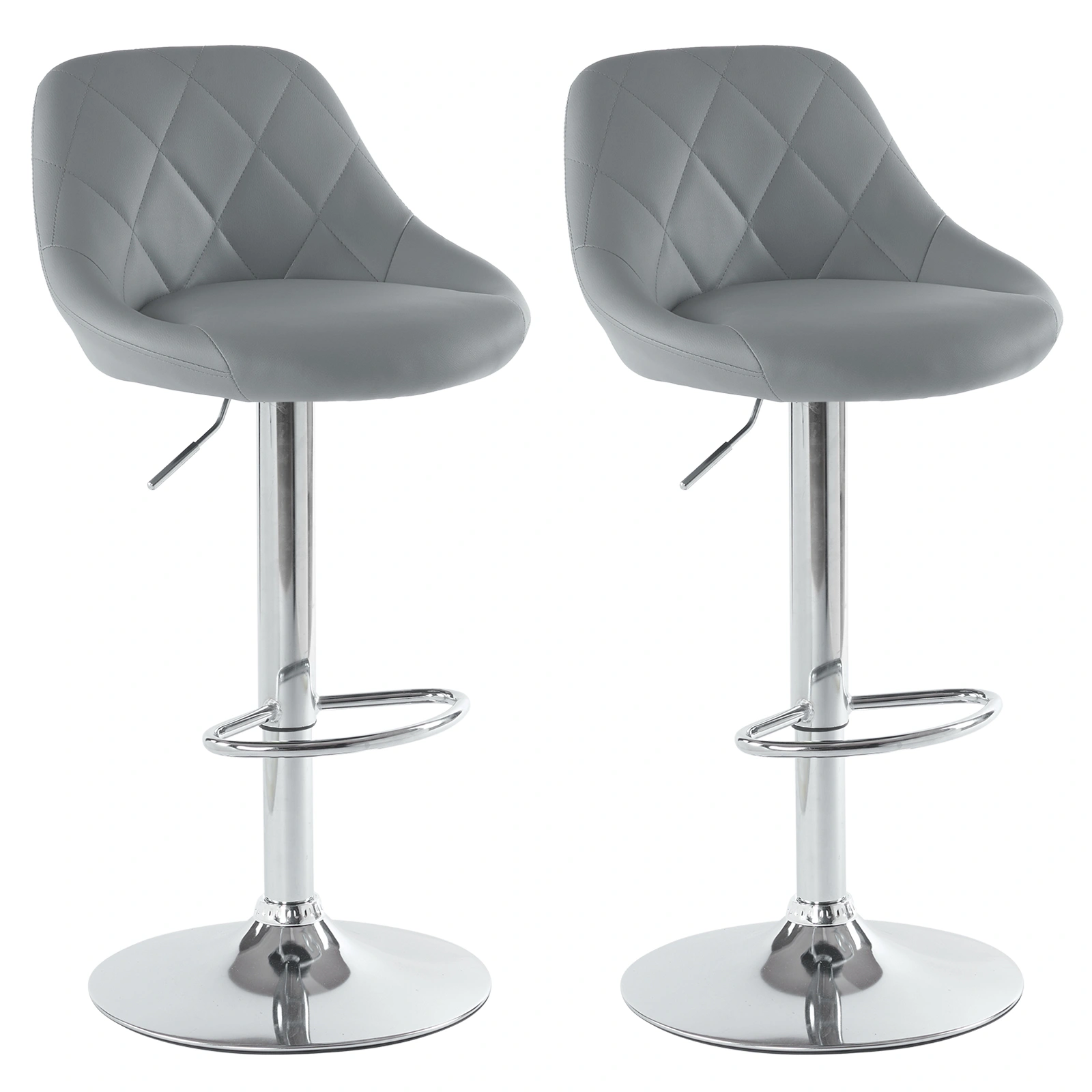 Set of 2 Gray PU Leather Bar Stools Adjustable Lift Height Swivel Stool with Backrest for Kitchen Office Counter