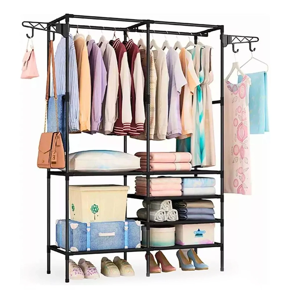 Double Rod Clothes Rack with 6 Shelves & 2 Hanging Hooks, Heavy Duty Steel Pipe Garment Rack for Entryway Bedroom Corner