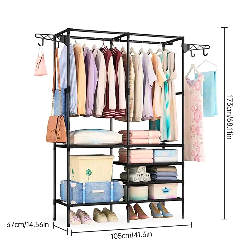 Double Rod Clothes Rack with 6 Shelves & 2 Hanging Hooks, Heavy Duty Steel Pipe Garment Rack for Entryway Bedroom Corner view 3