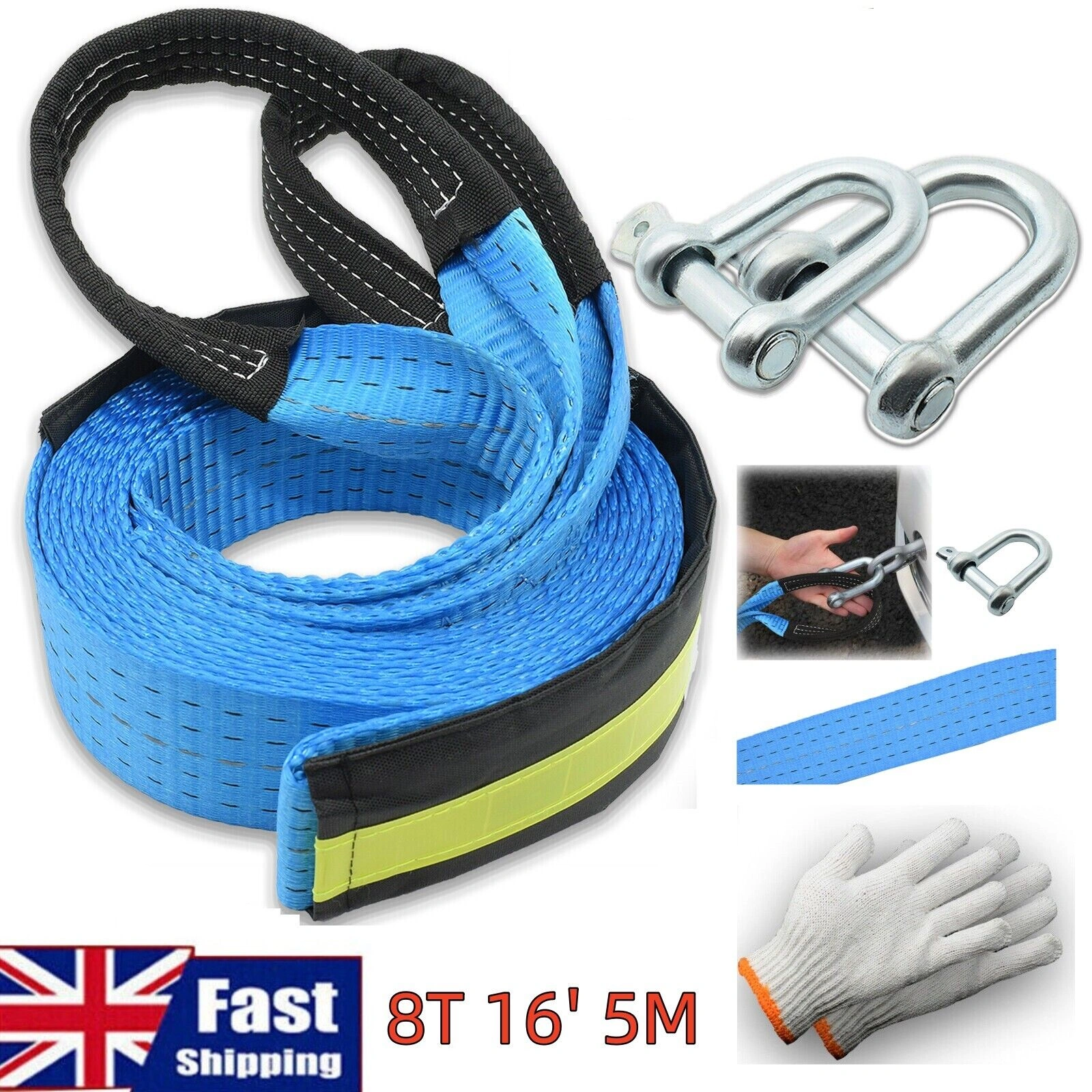 8 Ton 16ft 5M Heavy Duty Tow Rope Strap with 2 Shackles, Road Recovery Towing Pull Rope