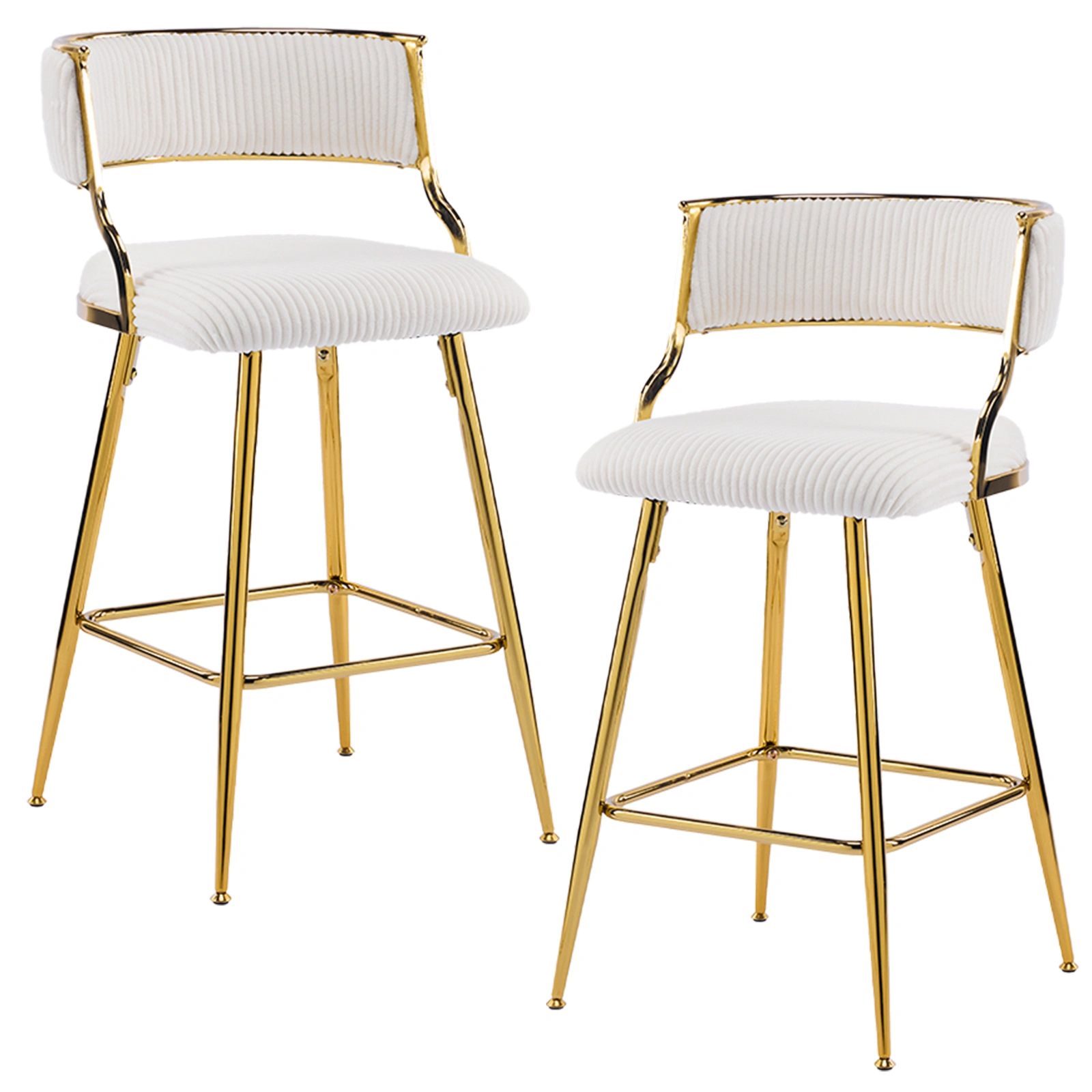 2PCS Beige Corduroy Bar Stools with Thick Padded Seat & Gold Plated Iron Legs