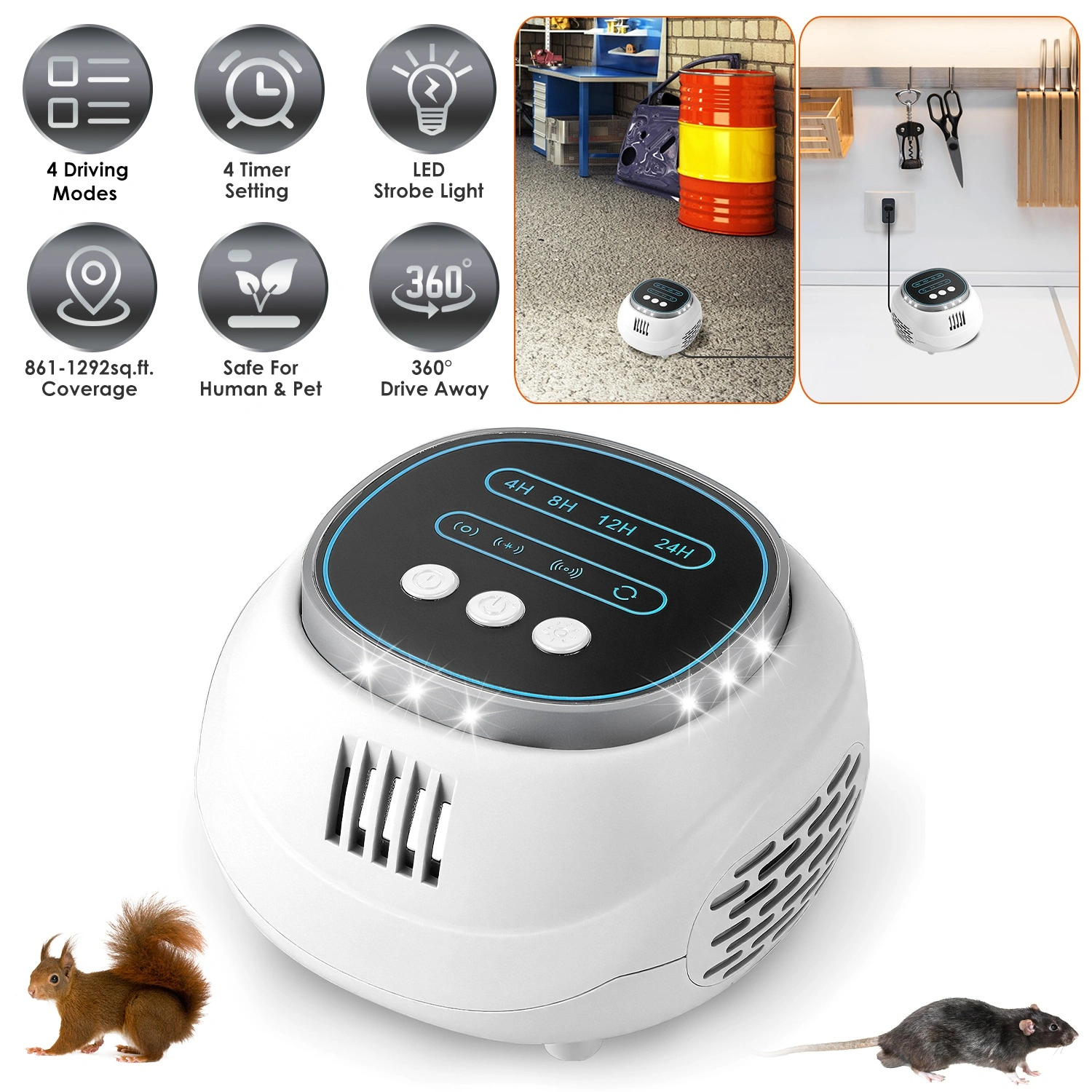 2-Pack Ultrasonic Rodent Repeller, 4-65KHz Pest Control with Strobe Light, 4 Modes & Timer, Mouse Rat Squirrel Bat Chaser