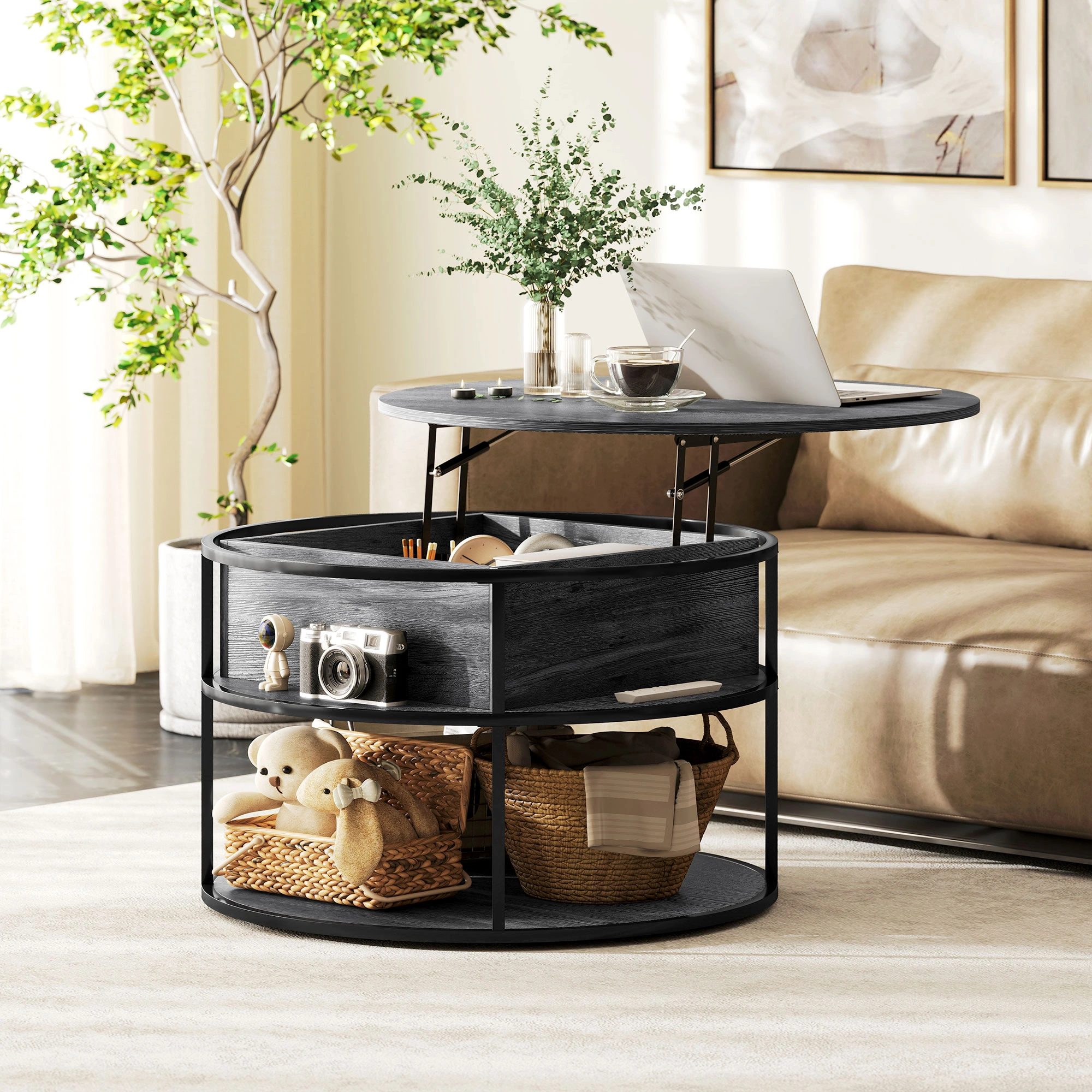 Rattan Coffee Table, Natural Wicker Side Table with Storage Shelf