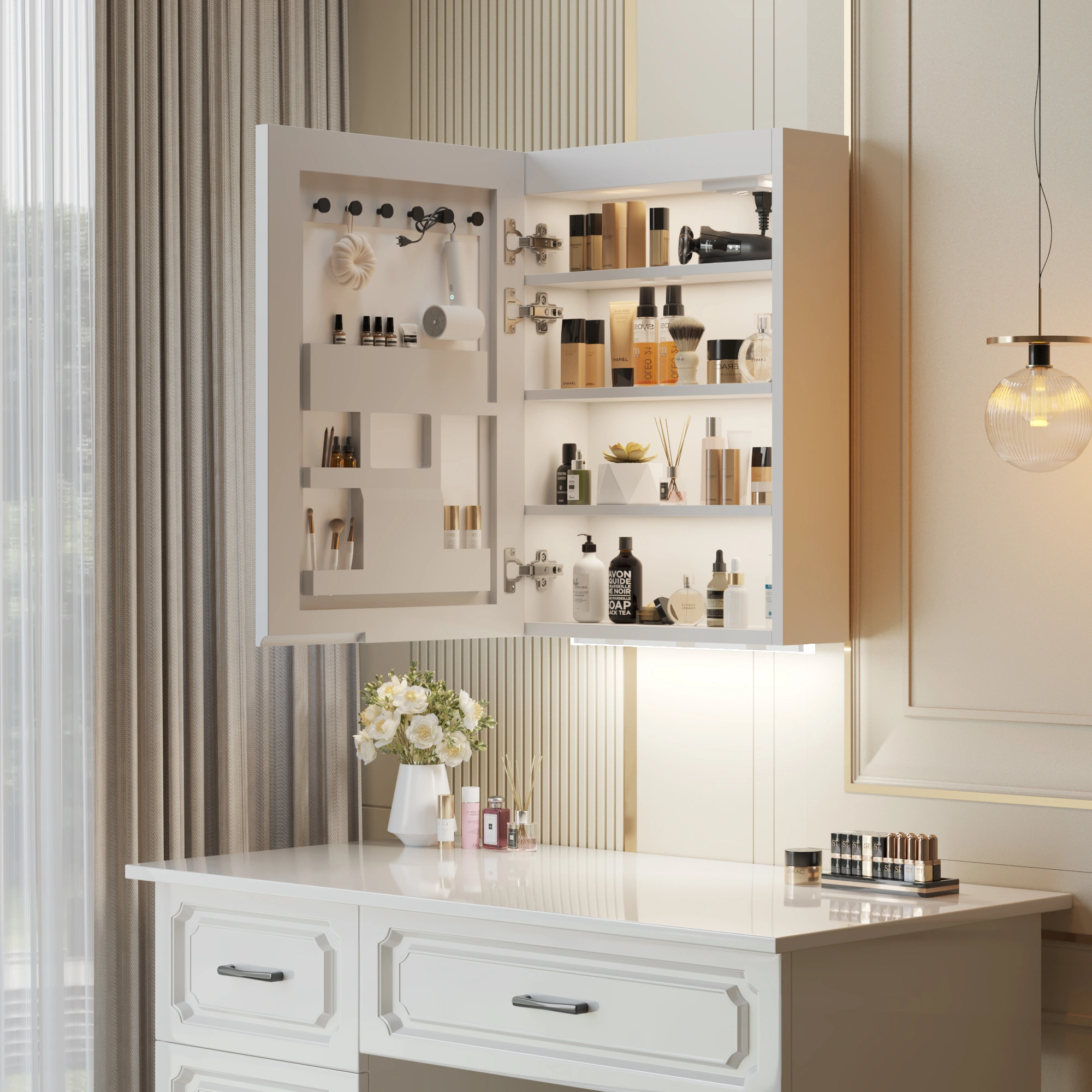 White LED Mirror Cabinet 20x28 Inch, 1 Door 4 Shelf, Time & Temp Display, 3-Color Lighting, Adjustable Brightness