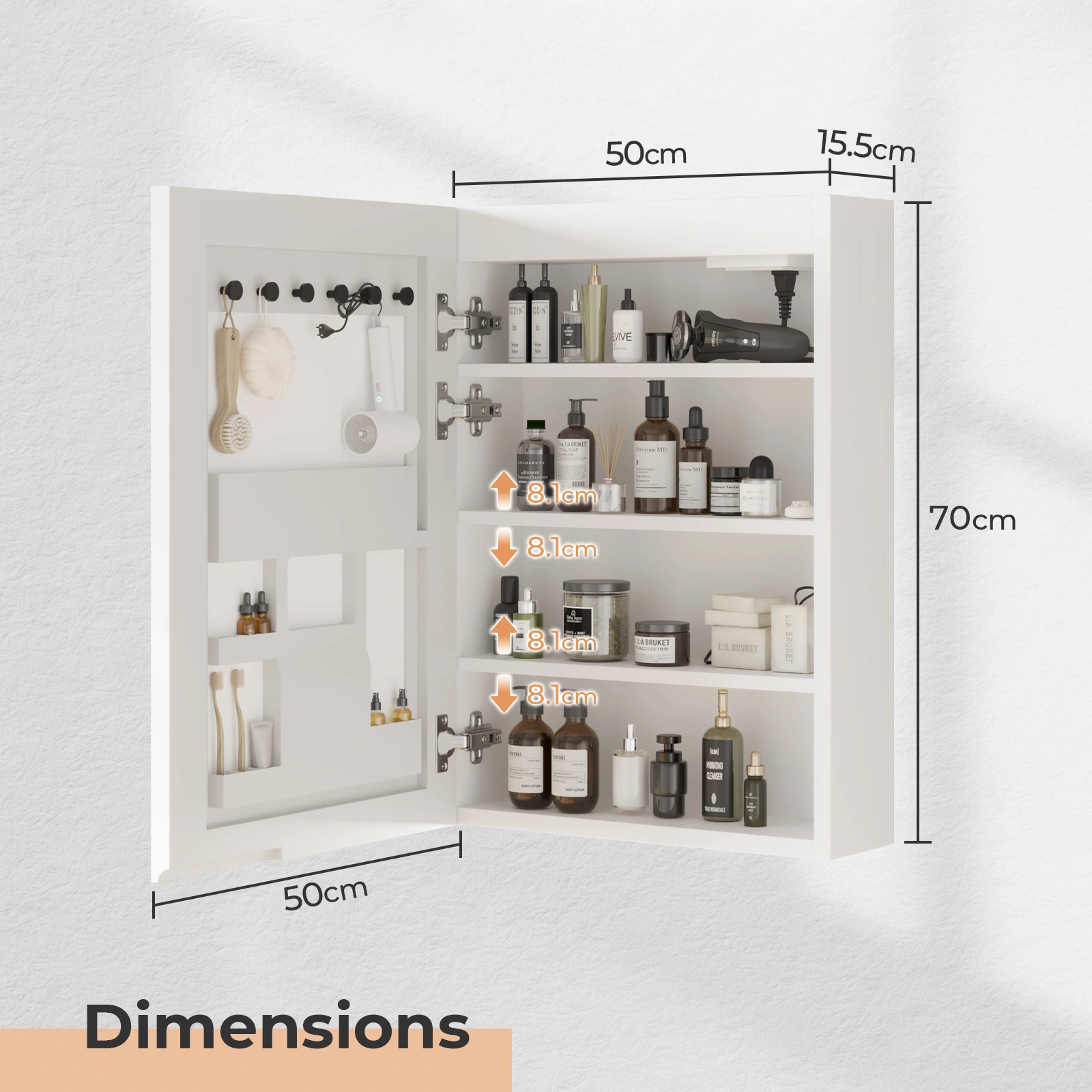 White LED Mirror Cabinet 20x28 Inch, 1 Door 4 Shelf, Time & Temp Display, 3-Color Lighting, Adjustable Brightness view 2