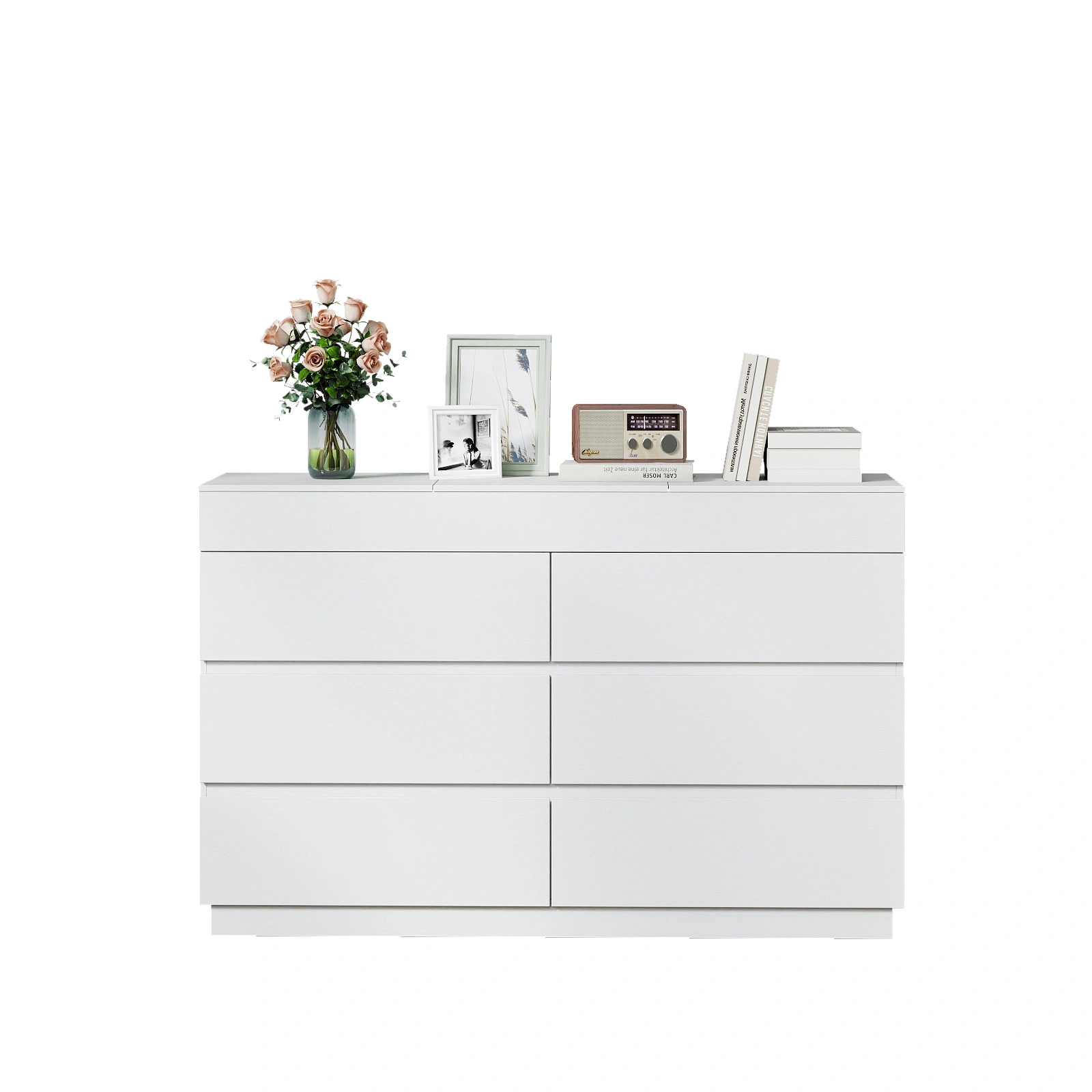 White embossed P2 12mm particleboard with melamine veneer, 120*40*85.5cm, six-drawer cabinet with mirror