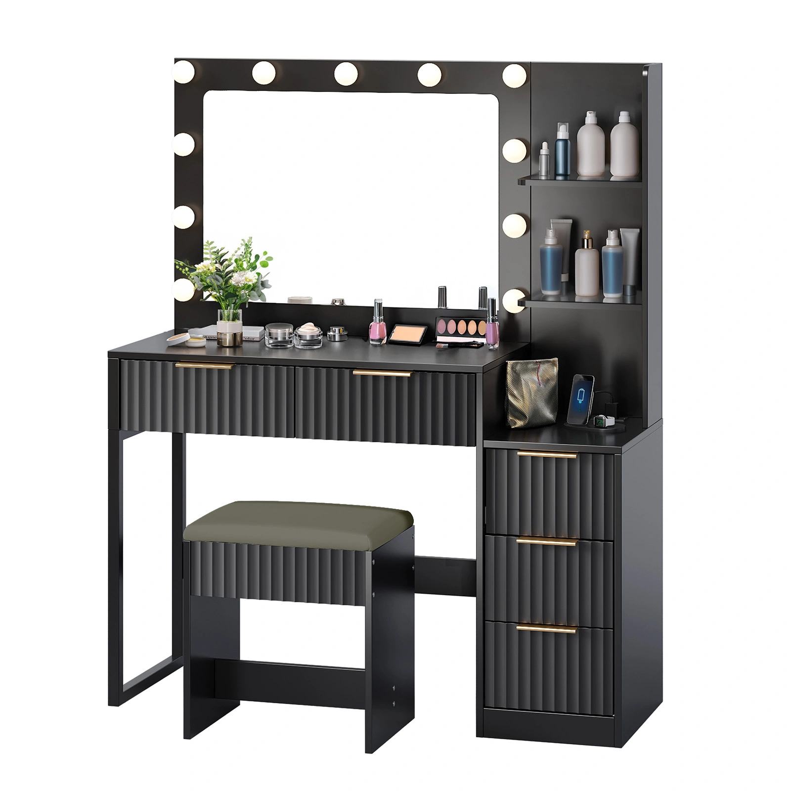 Black particleboard with a melamine finish, 5-drawer, 2-shelf dressing table set with 11 three-tone light bulbs, power strip, and grille. view 2