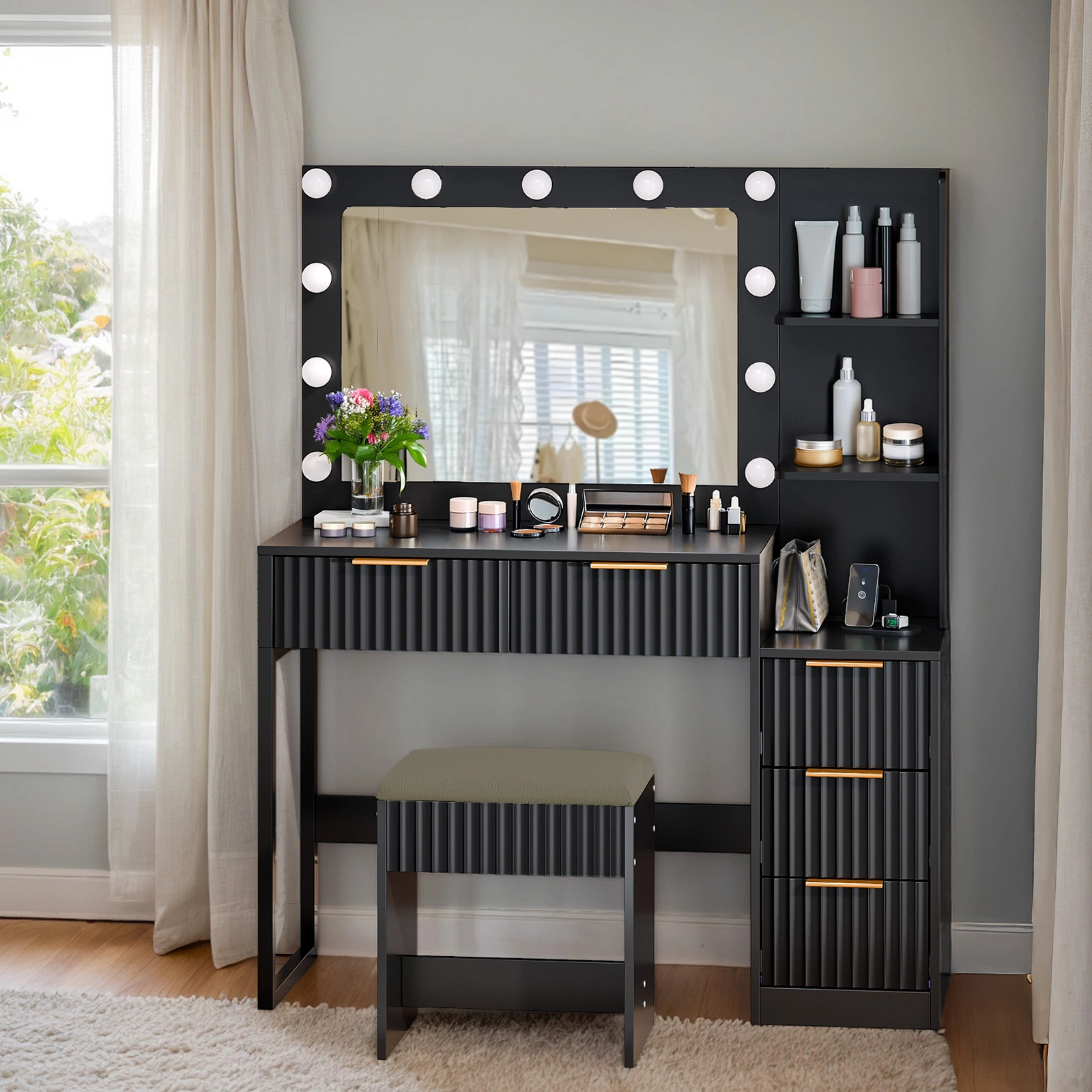 Black particleboard with a melamine finish, 5-drawer, 2-shelf dressing table set with 11 three-tone light bulbs, power strip, and grille. view 4