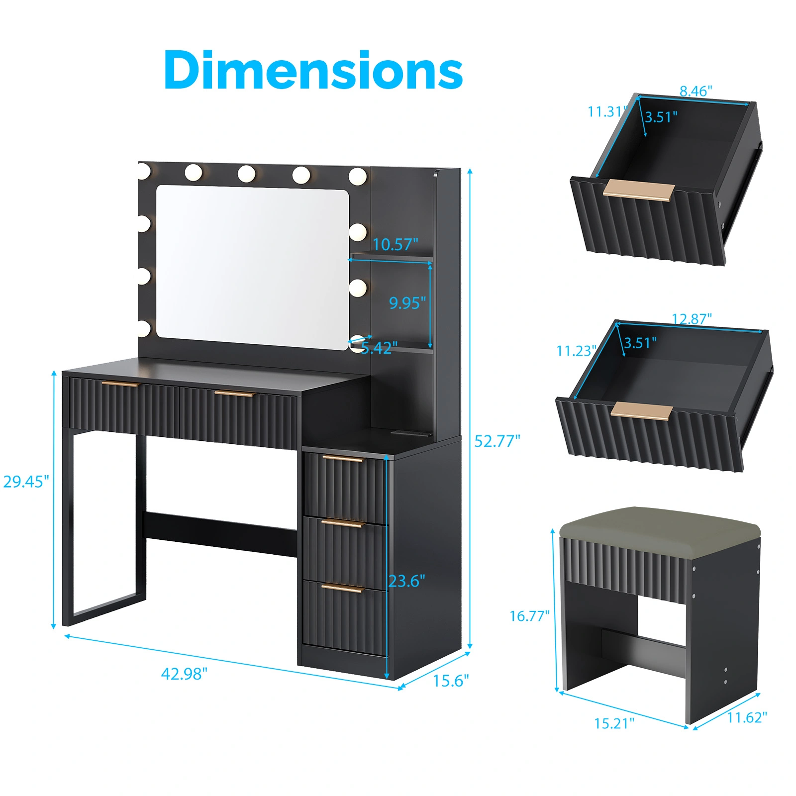 Black particleboard with a melamine finish, 5-drawer, 2-shelf dressing table set with 11 three-tone light bulbs, power strip, and grille. view 5