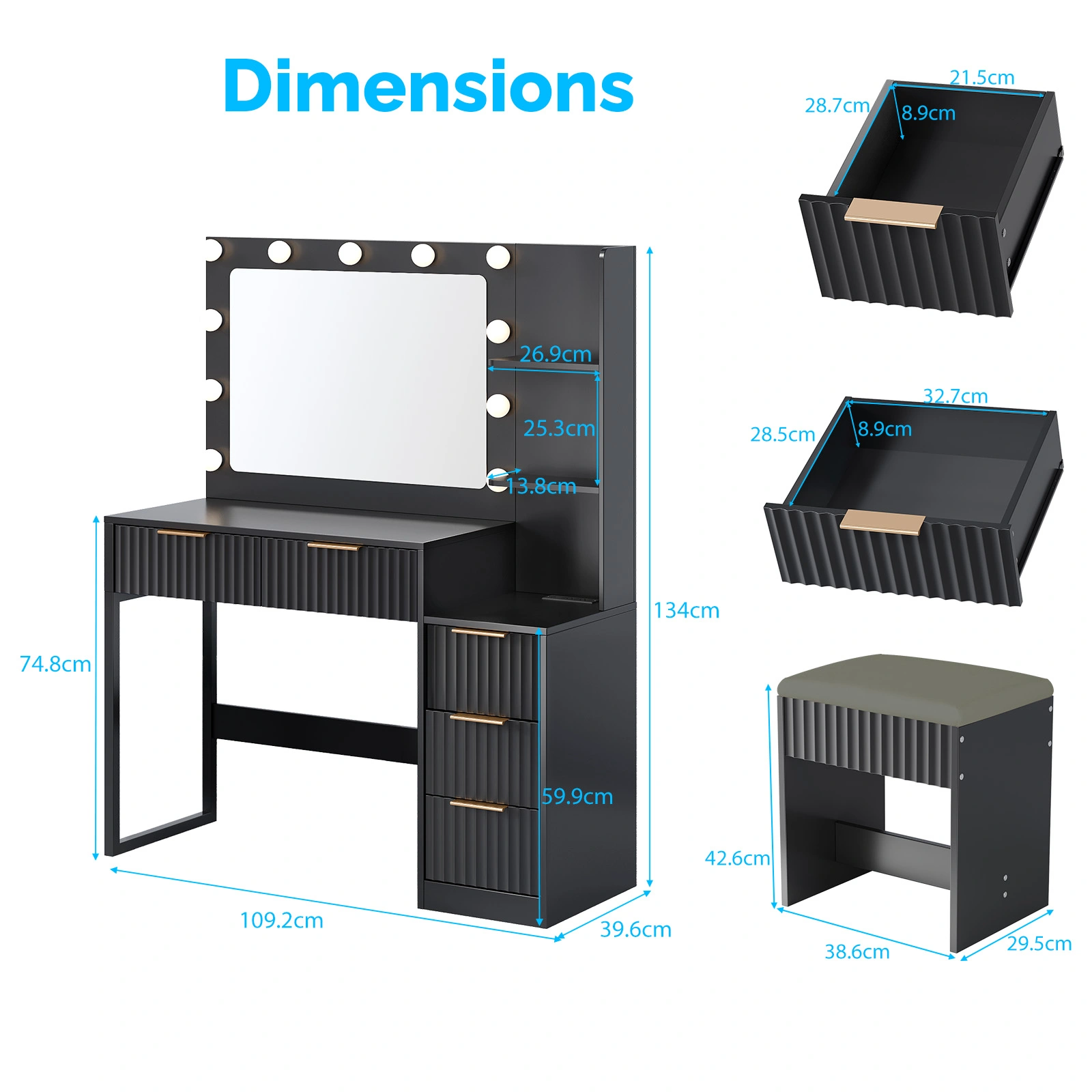 Black particleboard with a melamine finish, 5-drawer, 2-shelf dressing table set with 11 three-tone light bulbs, power strip, and grille. view 6