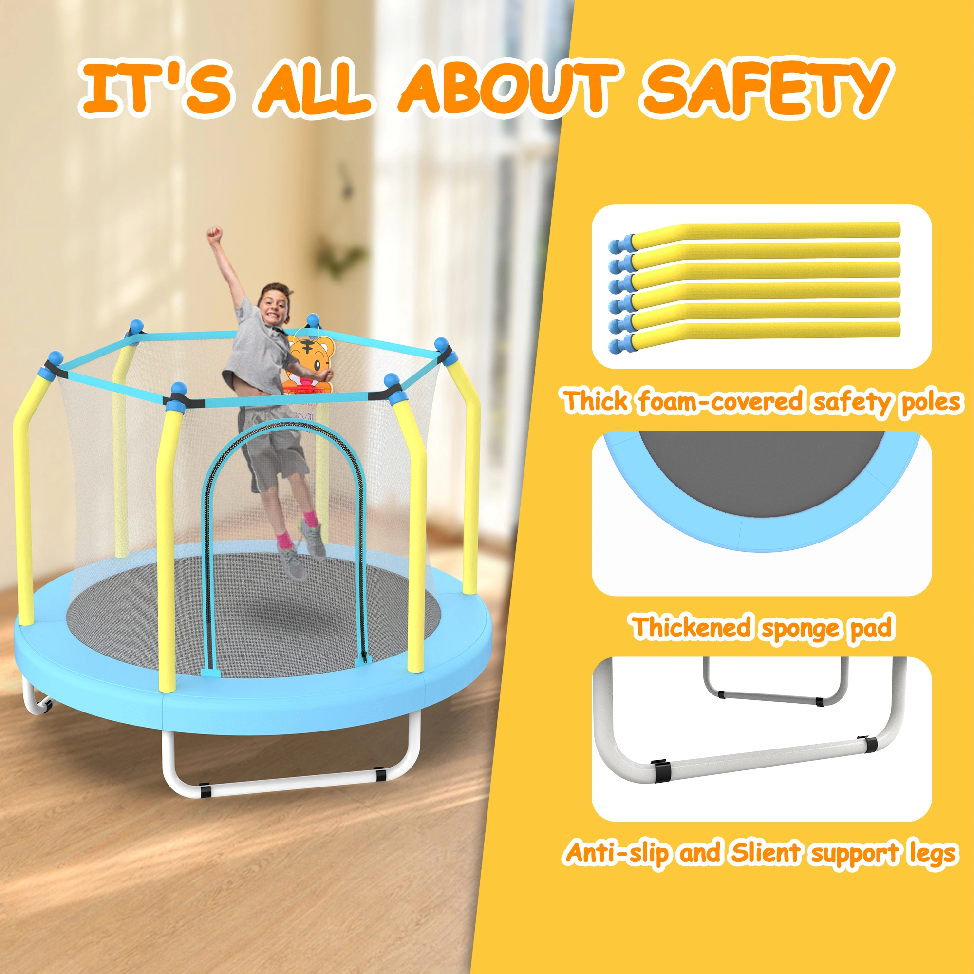 55 Inch Kids Trampoline Indoor Outdoor with Basketball Hoop, Toddler Mini Trampoline for Children view 2