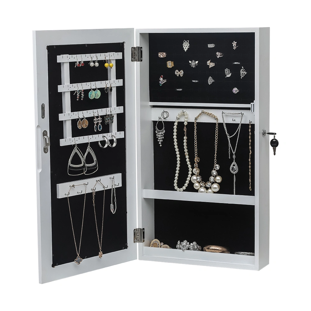 Wall-Mounted Jewelry Armoire Cabinet with Mirror, Hanging Jewelry Organizer Storage Box, Space-Saving White Jewelry Holder, ujjc51wt