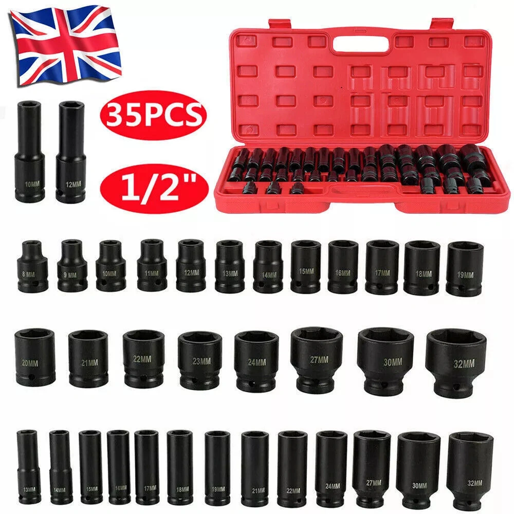 35PC Deep Impact Socket Set 1/2 Drive 8-32mm Metric Chrome Vanadium Steel Ratchet Wrench Tool Kit Garage Workshop