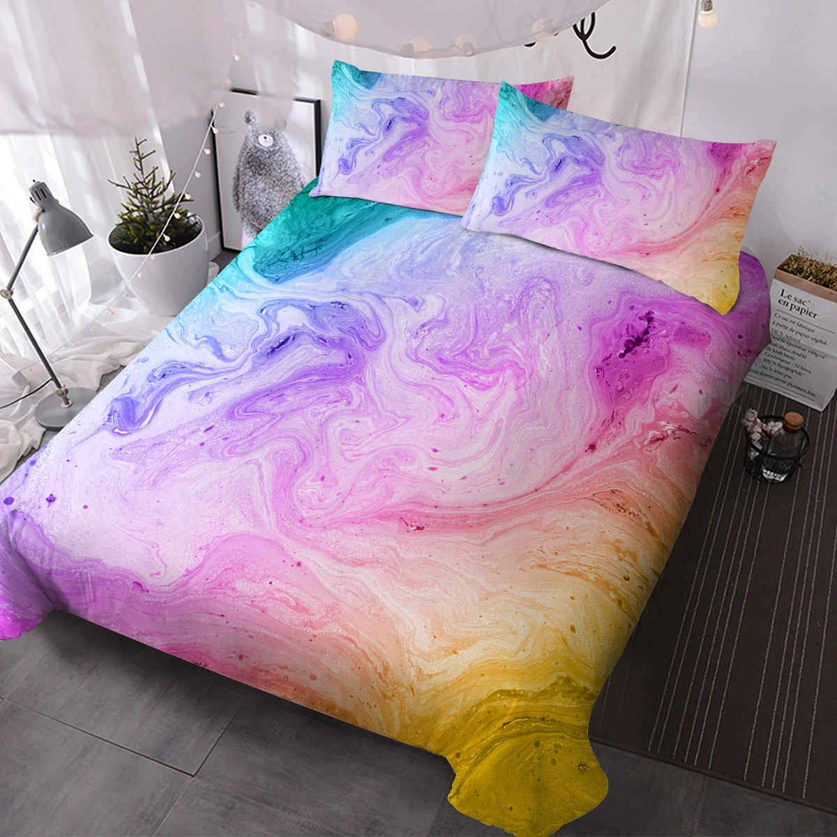 Girly Duvet Cover Set 3-Piece Rainbow Glitter Ombre Unicorn Bedding Double with 2 Pillow Shams Pink Purple Blue Green Pastel Sparkle Quilt Cover