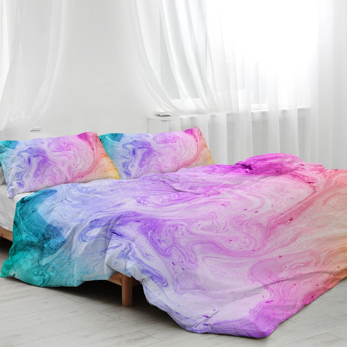 Girly Duvet Cover Set 3-Piece Rainbow Glitter Ombre Unicorn Bedding Double with 2 Pillow Shams Pink Purple Blue Green Pastel Sparkle Quilt Cover view 3