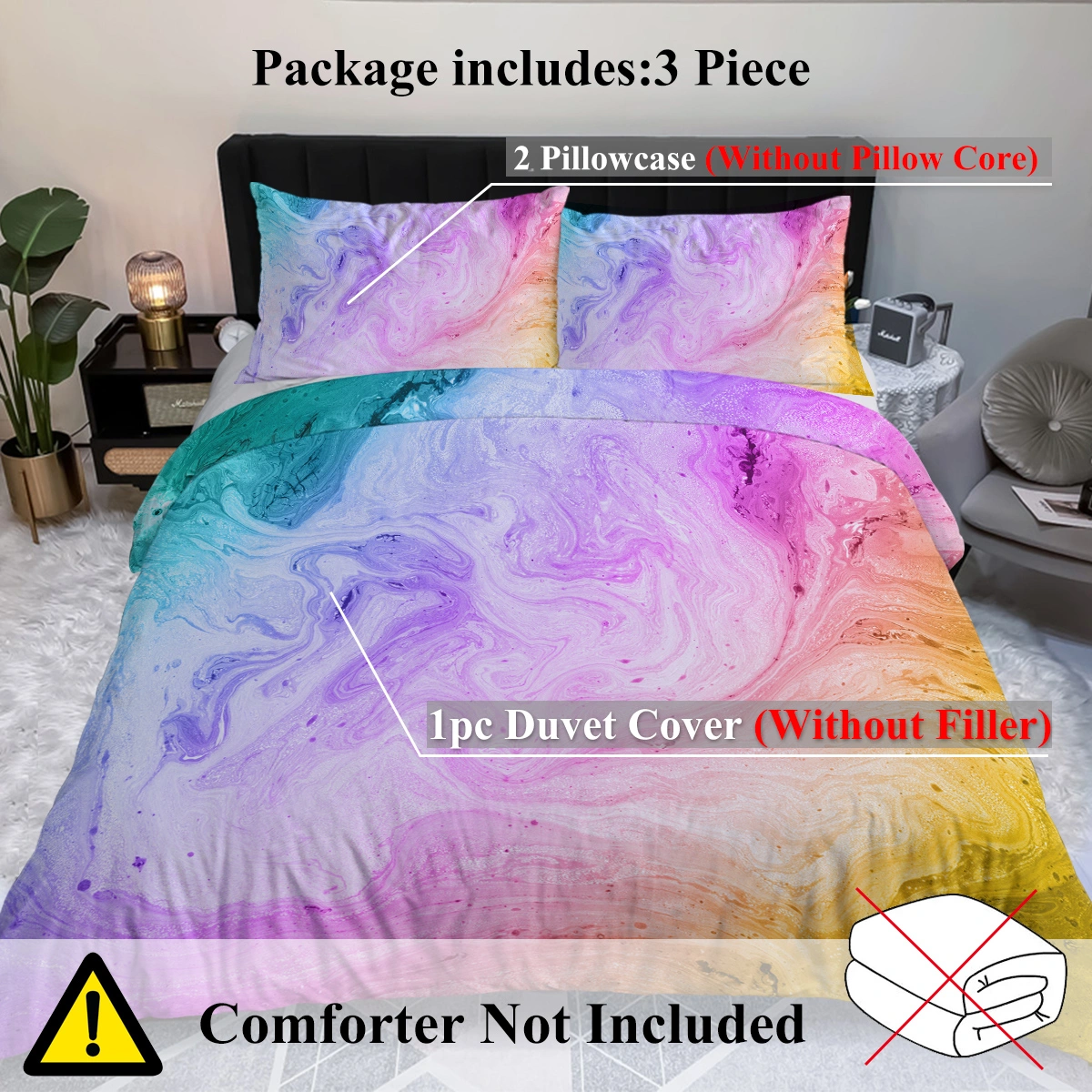 Girly Duvet Cover Set 3-Piece Rainbow Glitter Ombre Unicorn Bedding Double with 2 Pillow Shams Pink Purple Blue Green Pastel Sparkle Quilt Cover view 4