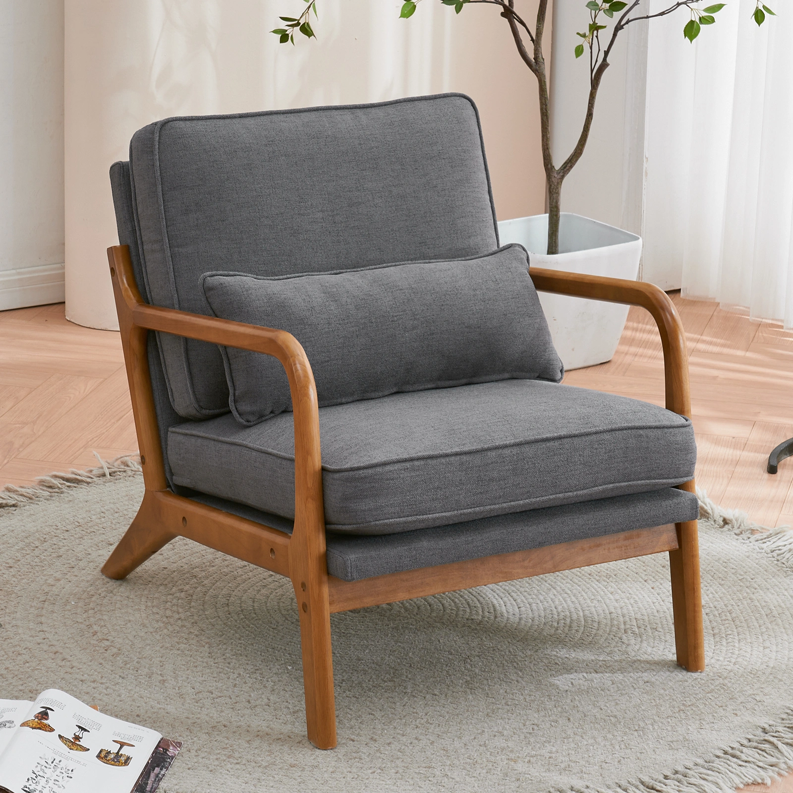 Oak Armrest Oak Upholstered Single Lounge Chair Indoor Lounge Chair Dark Grey view 25
