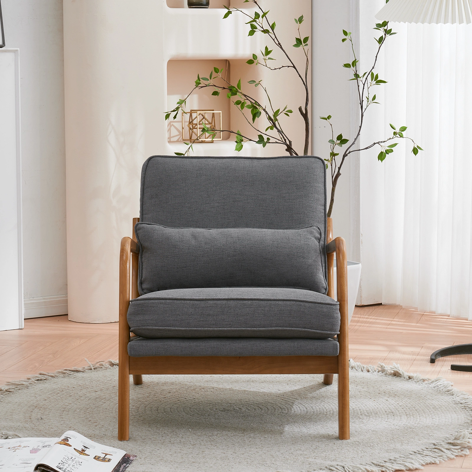 Oak Armrest Oak Upholstered Single Lounge Chair Indoor Lounge Chair Dark Grey view 27