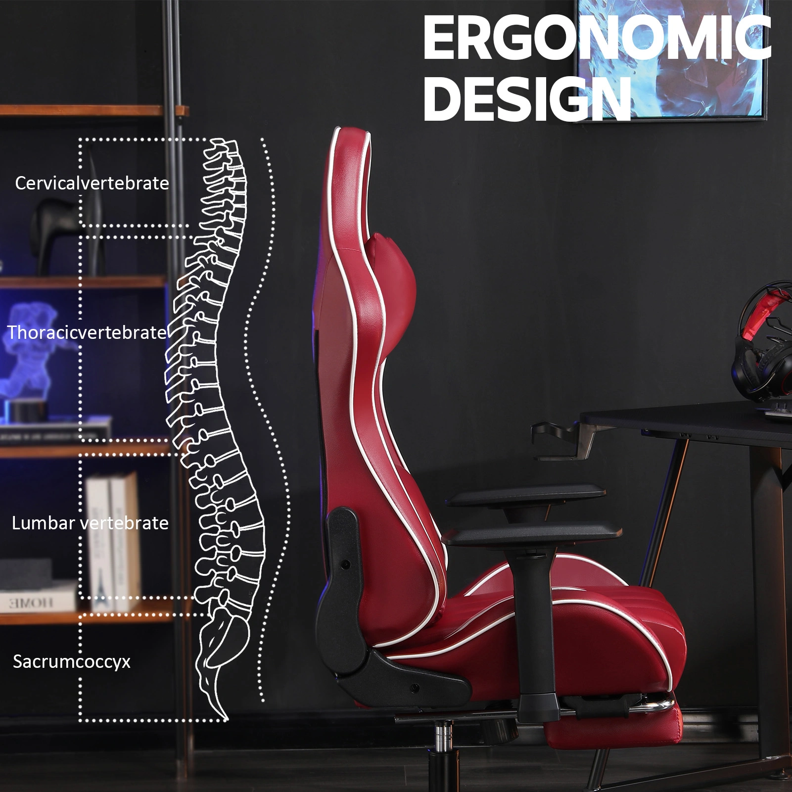 Ergonomic Gaming Chair for Adults, Heavy Duty Office Chair with Footrest & Lumbar Support, 360 Swivel PU Leather Desk Chair, Red view 2