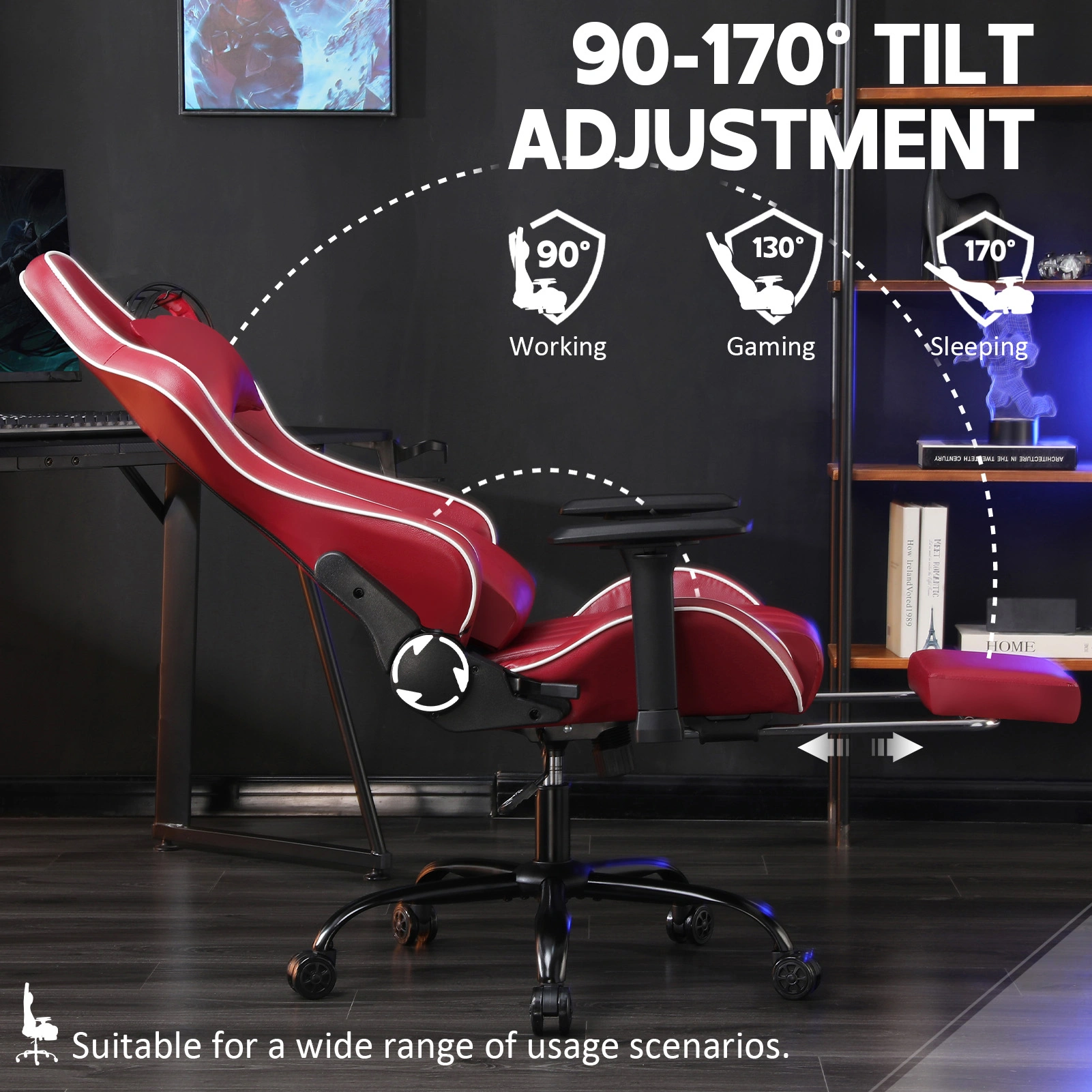 Ergonomic Gaming Chair for Adults, Heavy Duty Office Chair with Footrest & Lumbar Support, 360 Swivel PU Leather Desk Chair, Red view 3