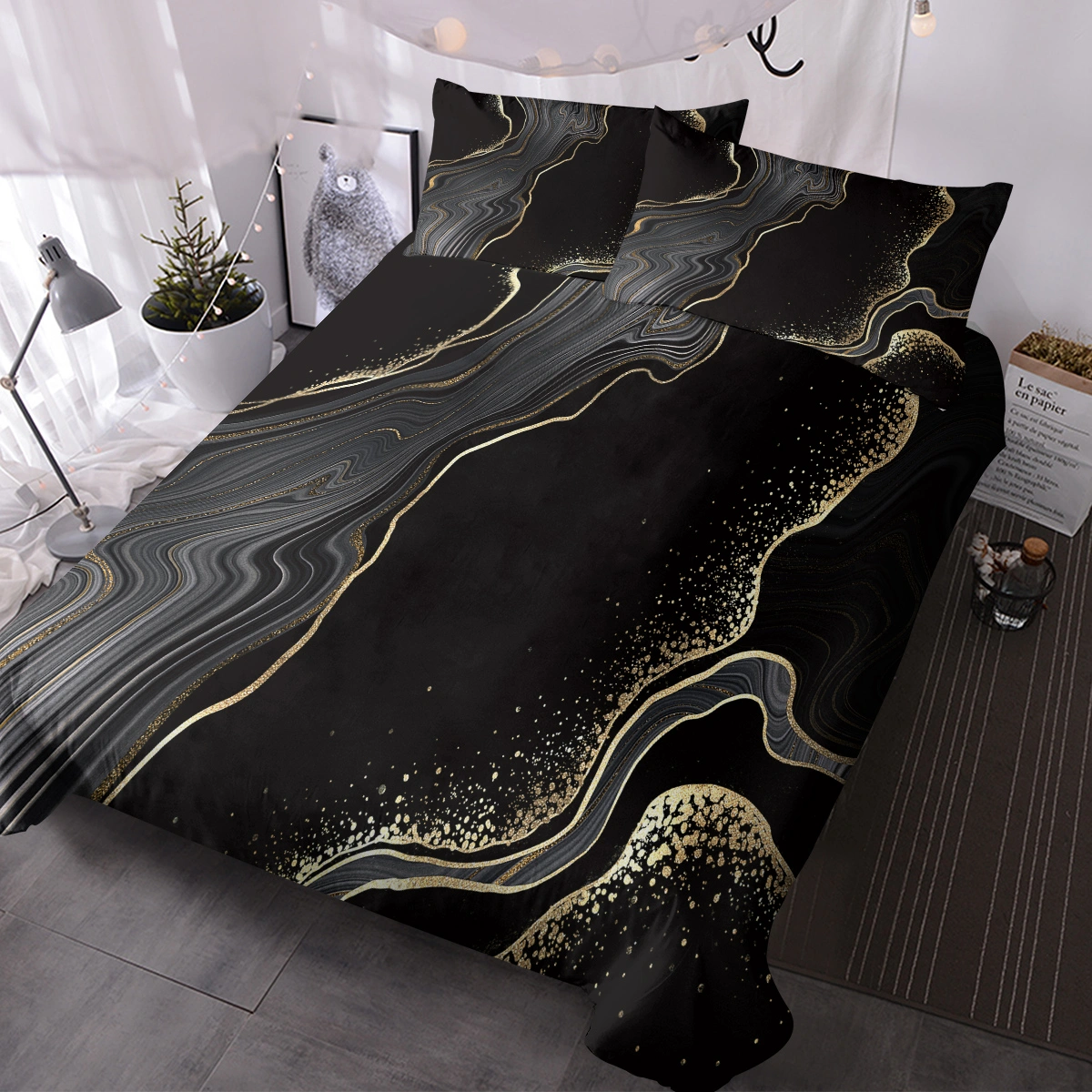 Black Gold Grey Marble Duvet Cover Set - Watercolor Abstract Chic Print Quilt Cover Single Bed 1 Duvet Cover with 2 Pillowcases