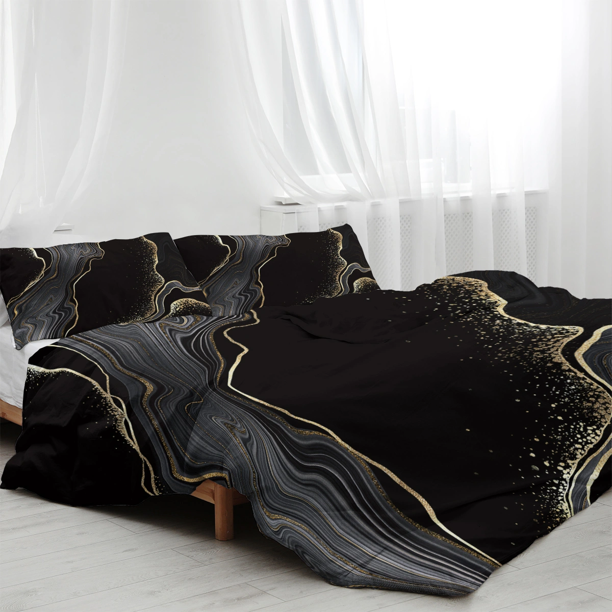 Black Gold Grey Marble Duvet Cover Set - Watercolor Abstract Chic Print Quilt Cover Single Bed 1 Duvet Cover with 2 Pillowcases view 2
